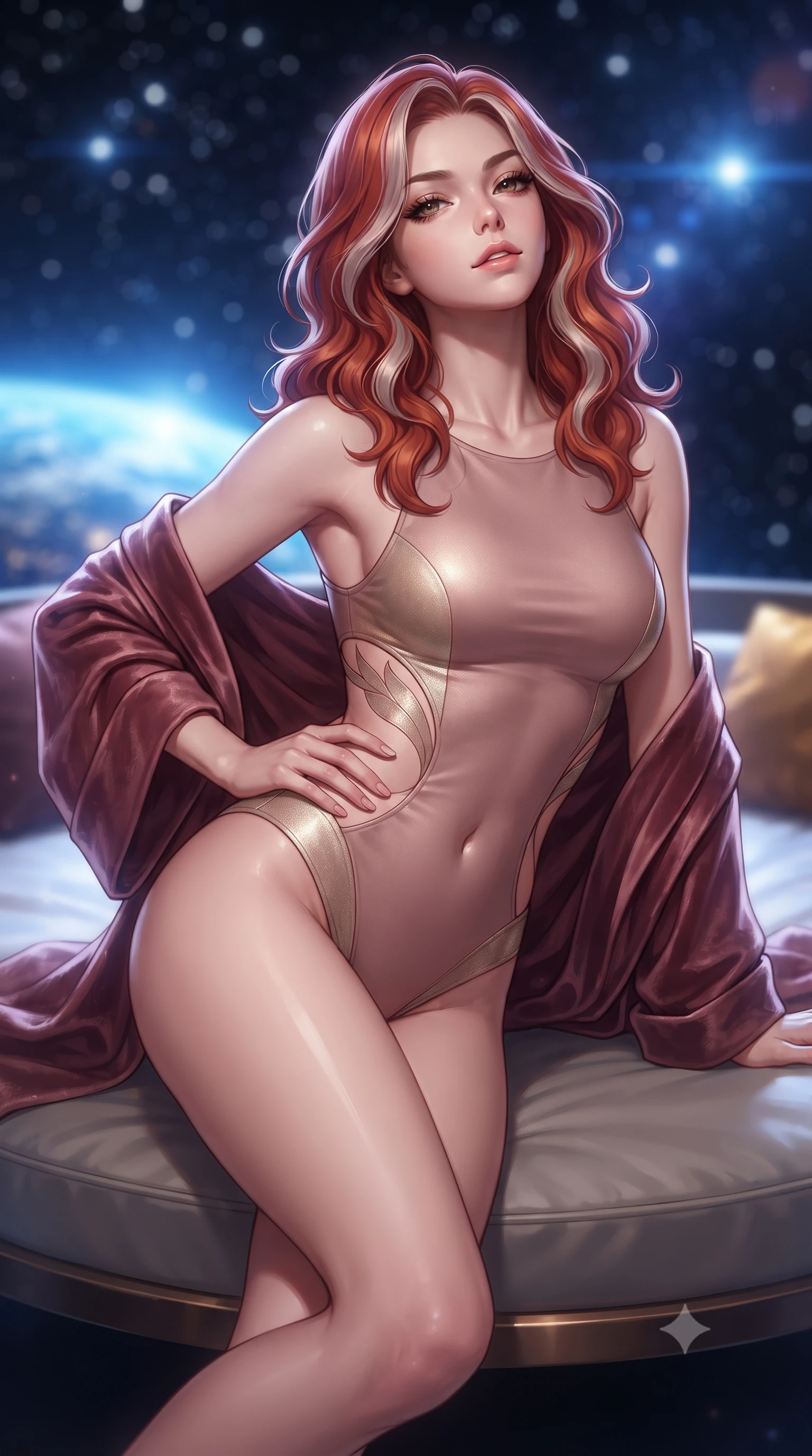 score_9, masterpiece, best quality, ultra-detailed, high-budget anime keyframe, editorial fashion photography, tasteful artistic composition, Caucasian woman. close-up cowboy shot from the waist and thighs up, the character dominates the composition, filling the frame with her large presence. tilting her chin up with proud, sovereign allure while gazing through thick eyelashes, one hand resting on her waist in pure supermodel charisma while reclining languidly on a circular floating daybed with one knee bent, starlight and blue Earth glow tracing the sensual curve of her feminine hips and flat midriff. The composition keeps background elements in soft focus with creamy bokeh. distant glittering starfields and luminous blue Earth atmospheric halos blurred into ethereal sapphire, pearl-white, and deep cosmic indigo bokeh. She has an exceptionally elegant, slender, and willowy female figure with an ultra-slim waist, flat toned midriff, narrow ribcage, and sculpted feminine hips creating an alluring, slim hourglass silhouette without bulk. sharp v-shaped jawline, high-bridge nose, intricate jewel-like eyes with depth, thick eyelashes, glossy parted lips with a natural sheen, intensely captivating and seductive bedroom-eyes expression, flawlessly proportioned anatomical accuracy, strict slender model proportions, natural body alignment, perfectly sculpted long slender limbs, ultra-slim waistline, clean dynamic posture without body distortion. wearing a botanical cutout monokini with organic leaf-curve side openings and high-cut hip bands in dusky blush rose and champagne shimmer, tailored from water-resistant treated wool gabardine and flexible stretch silk, complemented by a plush velvet shawl draped loosely over her elbows, the precision-cut side openings and low-back scoop framing her graceful spine and the sensual sweep of her slim, toned hips. bathed in ethereal sapphire planet-shine from Earth contrasting with warm amber cabin reading spots. ultra-reflective glossy finish, specular highlights, rich textural contrasts, high-contrast stereoscopic depth, volumetric dynamic lighting, 2k, ultra detail, master piece, 9:16 ratio