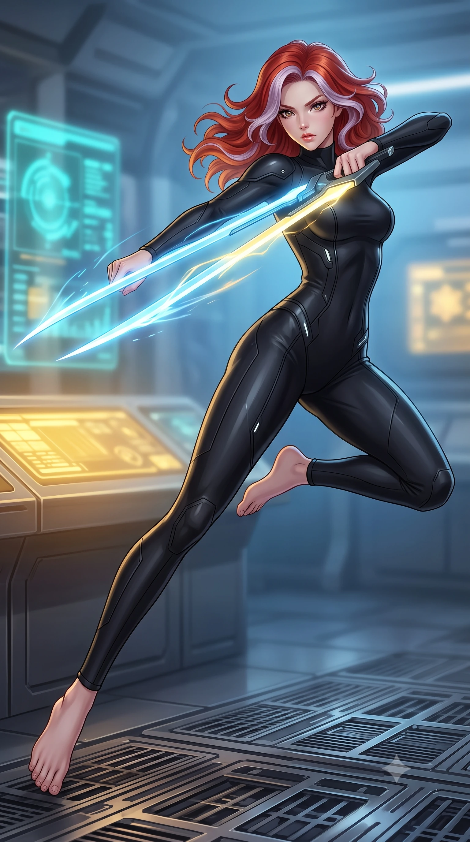 score_9, masterpiece, best quality, ultra-detailed, high-budget anime keyframe, editorial fashion photography, tasteful artistic composition, Caucasian woman. low angle full-body shot from head to toe showing her feet, filling the entire 9:16 vertical frame with her statuesque presence, stretching her vertical silhouette. leaping forward while slashing with a twin-bladed plasma sword in mid-air, her body-contouring suit showing her athletic silhouette, the background shows a soft-focus a replicator console room with holographic terminal displays in soft focus. She has an absolutely perfect, statuesque 8.5-heads proportion, an exceptionally tall and slender model-like female figure with impossibly long slender legs and an ultra-slim waist. sharp v-shaped jawline, high-bridge nose, intricate jewel-like eyes with depth, thick eyelashes, glossy lips with a natural sheen. wearing a slim-fit body-hugging high-neck flight deck jumpsuit in matte black, contouring her athletic, slender build. soft yellow terminal glare contrasting with the cool blue simulation space. highly saturated vibrant anime colors, detailed shading with soft gradients, rich glossy textures, high-contrast stereoscopic depth, volumetric dynamic lighting, master piece, 9:16 ratio