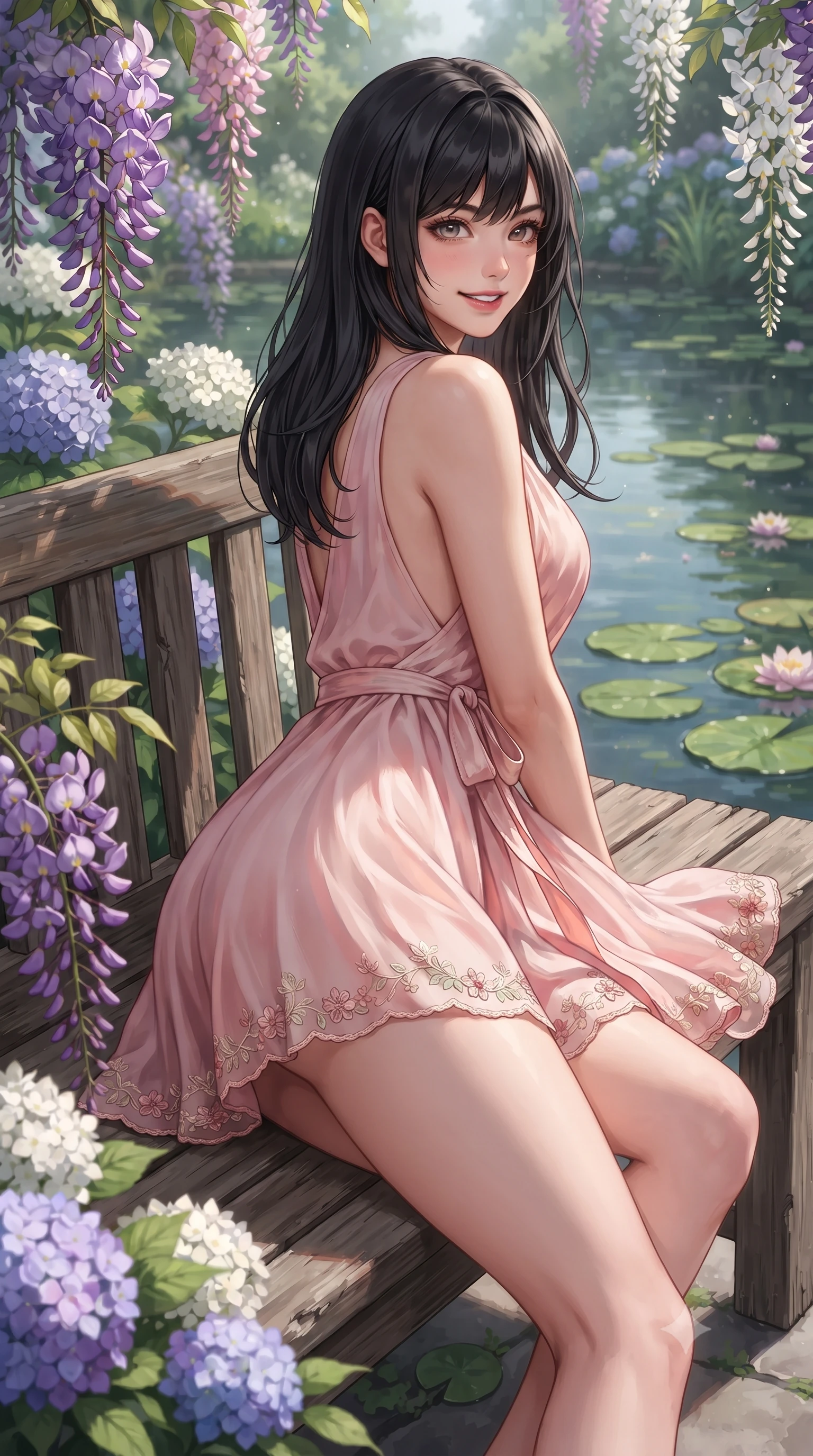 score_9, masterpiece, best quality, ultra-detailed, high-budget anime keyframe, editorial fashion photography, tasteful artistic composition, Caucasian woman. close-up cowboy shot from the waist and thighs up, the character dominates the composition, filling the frame with her large presence. posing in an alluring rear three-quarter angle, turning over a bare shoulder with an intoxicating cute smile, her hips cocked back to highlight her slim hourglass curve while reclining on a wooden garden bench beside the pond, her long slender legs and curvy hips framed by blooming purple and white flowers. The surrounding environment is rendered in vivid detail and crisp panoramic clarity. sharp carved wooden bridge plank textures, water lily pad caustics, and wisteria petal details in deep focus. She has an exceptionally elegant, slender, and willowy female figure with an ultra-slim waist, flat toned midriff, narrow ribcage, and sculpted feminine hips creating an alluring, slim hourglass silhouette without bulk. sharp v-shaped jawline, high-bridge nose, intricate jewel-like sparkling eyes with depth, thick eyelashes, glossy parted lips with a natural peach sheen, bright cheerful beaming smile with an enchanting and coquettish sensual glint, exuding both youthful cute charm and seductive allure, flawlessly proportioned anatomical accuracy, strict slender model proportions, natural body alignment, perfectly sculpted long slender limbs, ultra-slim waistline, clean dynamic posture without body distortion. wearing a breezy wrap mini dress with a deep V-neckline and tie-waist accentuating her sculpted flat midriff and hips in cherry blossom pink and soft rose gold, tailored from fine lightweight chiffon that flutters gently in the breeze, complemented by delicate embroidered floral trim along the hem, the form-contouring cut accentuating her sculpted flat midriff, narrow delicate ribcage, and gracefully curvy hips with supermodel precision. illuminated by calm pond surface specular reflections sharply defining her razor-sharp jawline, narrow waist, and curvy hips. ultra-reflective glossy finish, specular highlights, rich textural contrasts, high-contrast stereoscopic depth, volumetric dynamic lighting, 2k, ultra detail, master piece, 9:16 ratio