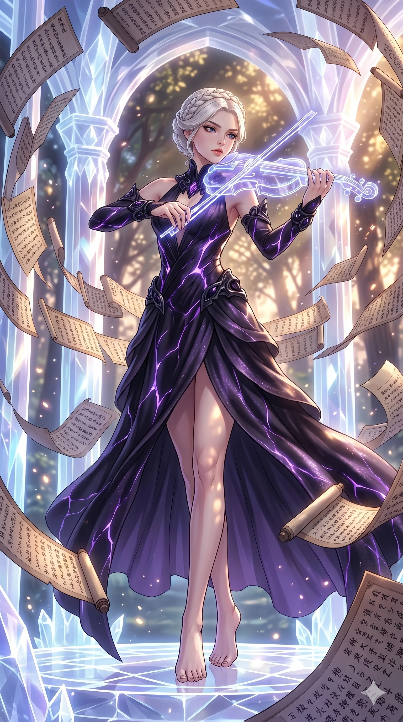 score_9, masterpiece, best quality, ultra-detailed, Set A: High-budget Anime Keyframe, Caucasian (human ears) woman. Low angle cowboy shot filling the entire 9:16 frame with her statuesque presence. Theme: Ethereal Dream. playing a holographic violin in a temple made of solid light, surrounded by a whirlwind of 293 floating ancient scrolls. The atmosphere is filled with cinematic sunlight through leaves. She has an absolutely perfect 8-heads proportion, an exceptionally tall and slender female figure with impossibly long slender legs and an ultra-slim waist. Sharp v-shaped jawline, high-bridge nose, intricate jewel-like eyes with depth, glossy lips. Wearing Void-walker shadow-fabric dress with violet energy cracks and obsidian accessories. Cinematic lighting, vivid colors, dramatic shadows, 2k, ultra detail, master piece, 9:16 ratio