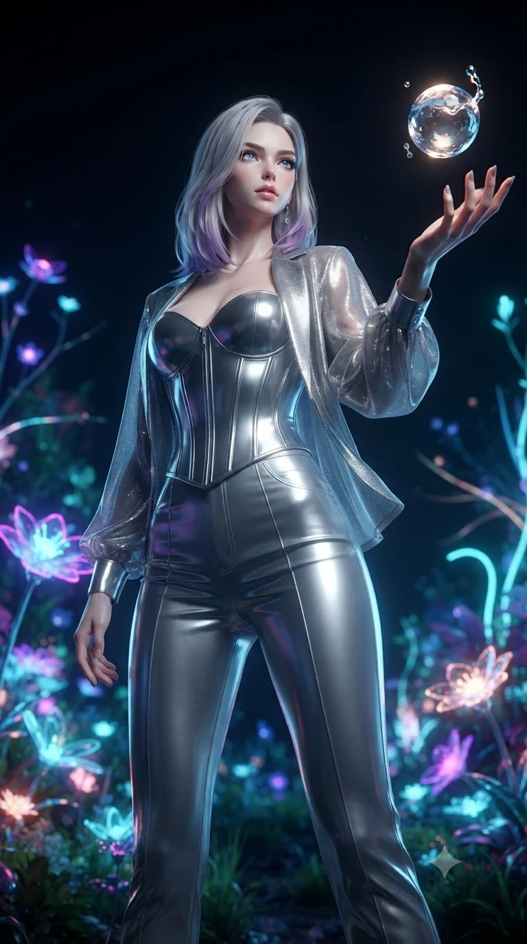score_9, masterpiece, best quality, ultra-detailed, High-budget Anime Keyframe, editorial fashion photography, tasteful artistic composition, realistic cosplay photography, Caucasian woman, strictly human ears. Low angle cowboy shot filling the entire 9:16 frame with her statuesque presence. Scenario 475: reaching out to catch a floating sphere of liquid light in a virtual garden where neon flowers bloom in the dark. Her presence is magnetic and overpowering in this high-budget cinematic scene. Outfit 475: a form-contouring liquid silver shimmering chiffon jacket layered over a structured corset bodice. The clothing is designed to emphasize her exceptionally tall and slender 8-heads proportion. 8-heads proportion, towering silhouette, ultra-slim waist. sharp v-shaped jawline, intricate jewel-like eyes with depth, thick eyelashes, glossy lips. ultra-reflective glossy finish, specular highlights, metallic sheen, high-contrast stereoscopic depth, volumetric dynamic lighting, 2k, ultra detail, master piece, 9:16 ratio