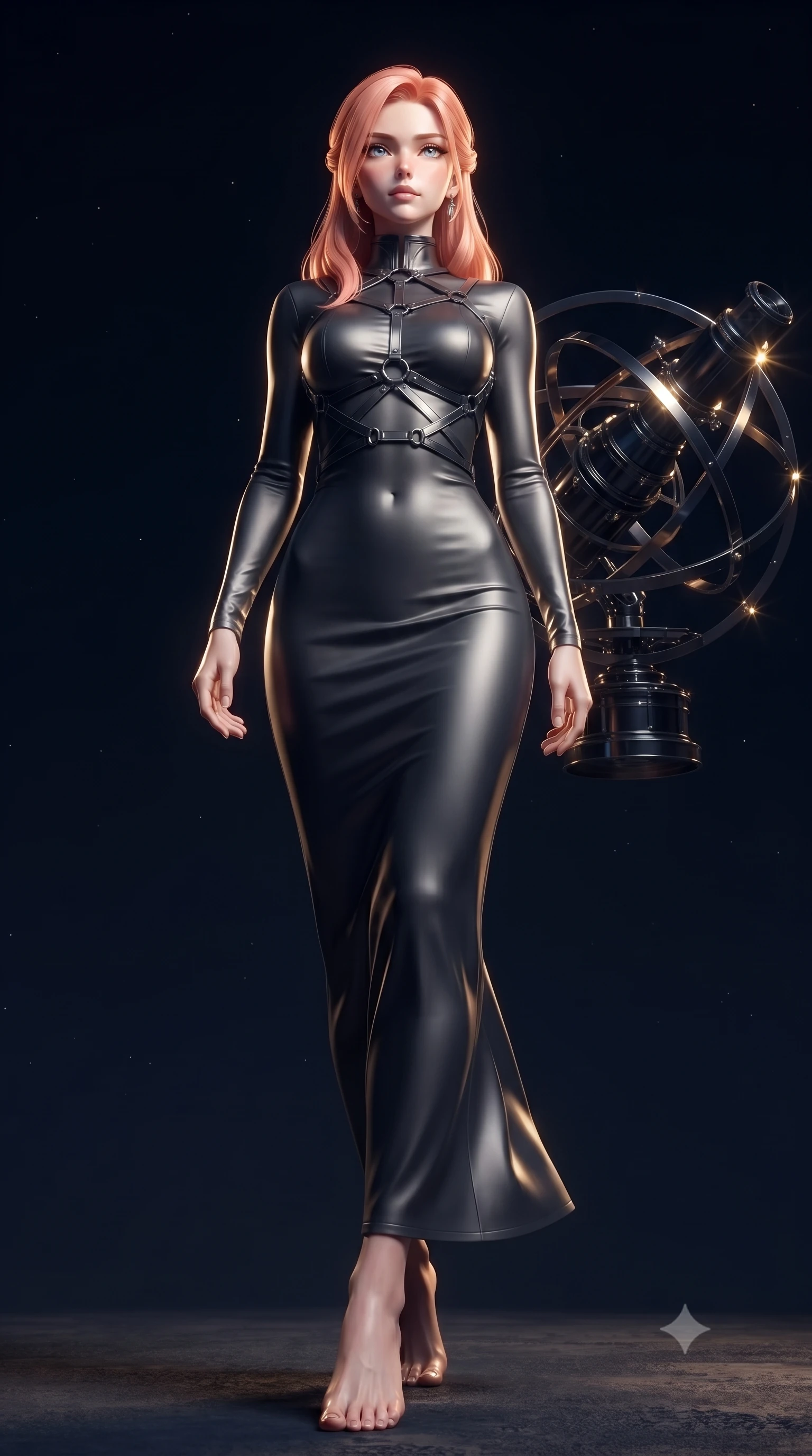 score_9, masterpiece, best quality, ultra-detailed, high-budget anime keyframe, editorial fashion photography, tasteful artistic composition, Japanese woman. low angle full-body shot from head to toe showing her feet, filling the entire 9:16 vertical frame with her statuesque presence, stretching her vertical silhouette. stepping gracefully through the dark environment, stretching her statuesque silhouette, resting near a dark titanium orbital telescope in a silent starry void, starlight reflections glinting sharply off dark metallic armillary rings. She has an absolutely perfect, statuesque 8.5-heads proportion, an exceptionally tall and slender model-like female figure with impossibly long slender legs and an ultra-slim waist. sharp v-shaped jawline, high-bridge nose, intricate jewel-like eyes with depth, thick eyelashes, glossy lips with a natural sheen. wearing fitted liquid mercury jersey maxi dress hugging every curve in dark charcoal gray, made of soft dark satin, highlighted by a gunmetal metallic harness structure, contouring every curve with an exceptionally elegant silhouette. lit by intense golden key light piercing through deep midnight navy shadows. ultra-reflective glossy finish, specular highlights, metallic sheen, high-contrast stereoscopic depth, volumetric dynamic lighting, 2k, ultra detail, master piece, 9:16 ratio