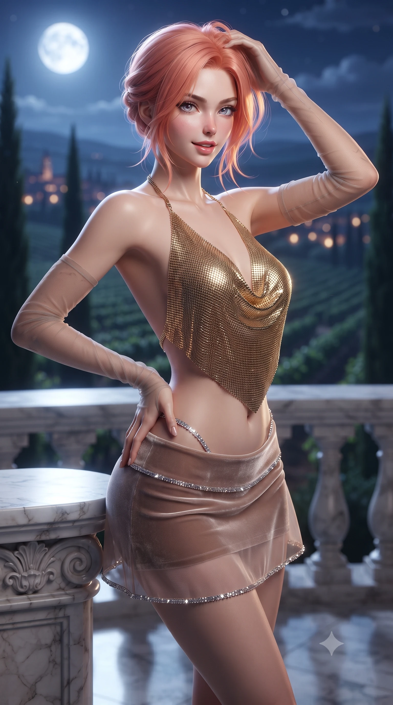 score_9, masterpiece, best quality, ultra-detailed, high-budget anime keyframe, editorial fashion photography, tasteful artistic composition, Japanese woman. close-up cowboy shot from the waist and thighs up, the character dominates the composition, filling the frame with her large presence. twisting her slender torso in an alluring contrapposto stance, one hand resting on her sculpted hip while her fingers toy with her hair with effortless poise while leaning against the carved marble parapet with hips cocked back, looking out into the moonlit cypress valley with a seductive half-smile. The background shows a soft-focus endless rolling vineyards under a brilliant silver full moon, silhouettes of slender cypress trees, and twinkling village lights blurred into indigo, silver, and amber bokeh. She has an exceptionally elegant, slender, and willowy female figure with an ultra-slim waist, flat toned midriff, narrow ribcage, and sculpted feminine hips creating an alluring, slim hourglass silhouette without bulk. sharp v-shaped jawline, high-bridge nose, sparkling eyes with hypnotic seductive depth, thick curled eyelashes, glossy parted lips with a natural dewy peach sheen, alluring bedroom-eyes with an enchanting coquettish smile, exuding magnetic siren charisma and sophisticated glamour, flawlessly proportioned anatomical accuracy, strict slender model proportions, natural body alignment, perfectly sculpted long slender limbs, ultra-slim waistline, clean dynamic posture without body distortion. wearing a liquid gold chainmail cowl halter top paired with an ultra-low-rise velvet mini skirt and side rhinestone ties in sheer dusky champagne and glistening crystal trims, made of sheer gossamer chiffon that drapes softly against skin with airy translucence, complemented by sheer opera-length evening gloves tracing her slender arms, the precision-cut side openings and low-back scoop framing her graceful spine and the sensual sweep of her slim, toned hips. illuminated by polished marble floor reflections and sharp platinum-gold rim lights defining her razor-sharp jawline, narrow waist, and curvy hips. ultra-reflective glossy finish, specular highlights, rich textural contrasts, high-contrast stereoscopic depth, volumetric dynamic lighting, 2k, ultra detail, master piece, 9:16 ratio