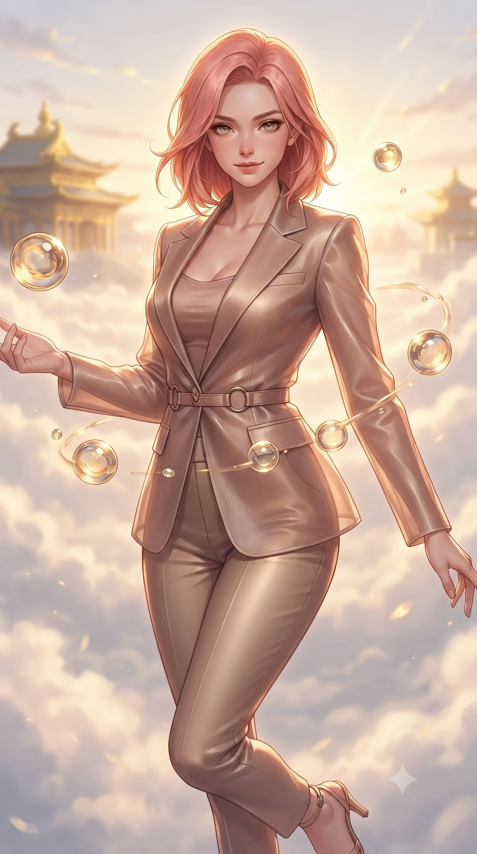 score_9, masterpiece, best quality, ultra-detailed, high-budget anime keyframe, editorial fashion photography, tasteful artistic composition, Japanese woman. close-up cowboy shot from the waist and thighs up, the character dominates the composition, filling the frame with her large presence, background elements kept in soft focus. Smiling with quiet, magnetic self-assurance directly into the lens interacting with floating golden water Orbs in a cloudtop palace court, golden hour sunbursts creating a majestic rim lighting effect. She has an exceptionally elegant, slender, and willowy female figure with an ultra-slim waist, a gracefully sculpted slender torso, and a refined silhouette. sharp v-shaped jawline, high-bridge nose, intricate jewel-like eyes with depth, thick eyelashes, glossy lips with a natural sheen. wearing a tailored silk blazer over a form-contouring top and fitted slacks in dusty rose and champagne gold, woven from fine semi-opaque sheer organza, accented with delicate chrome ring hardware framing her waist, the tailored fabric tightly following every curve of her athletic build. lit by brilliant warm key light softening into smooth, elegant gradients. ultra-reflective glossy finish, specular highlights, metallic sheen, high-contrast stereoscopic depth, volumetric dynamic lighting, 2k, ultra detail, master piece, 9:16 ratio