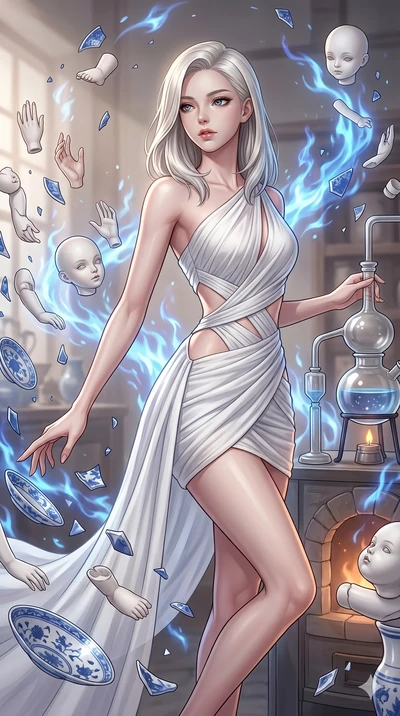 score_9, masterpiece, best quality, ultra-detailed, high-budget anime keyframe, Korean woman. upper body close-up from the thighs up, character filling the screen for maximum presence. assisting in an alchemical porcelain workshop where floating whit