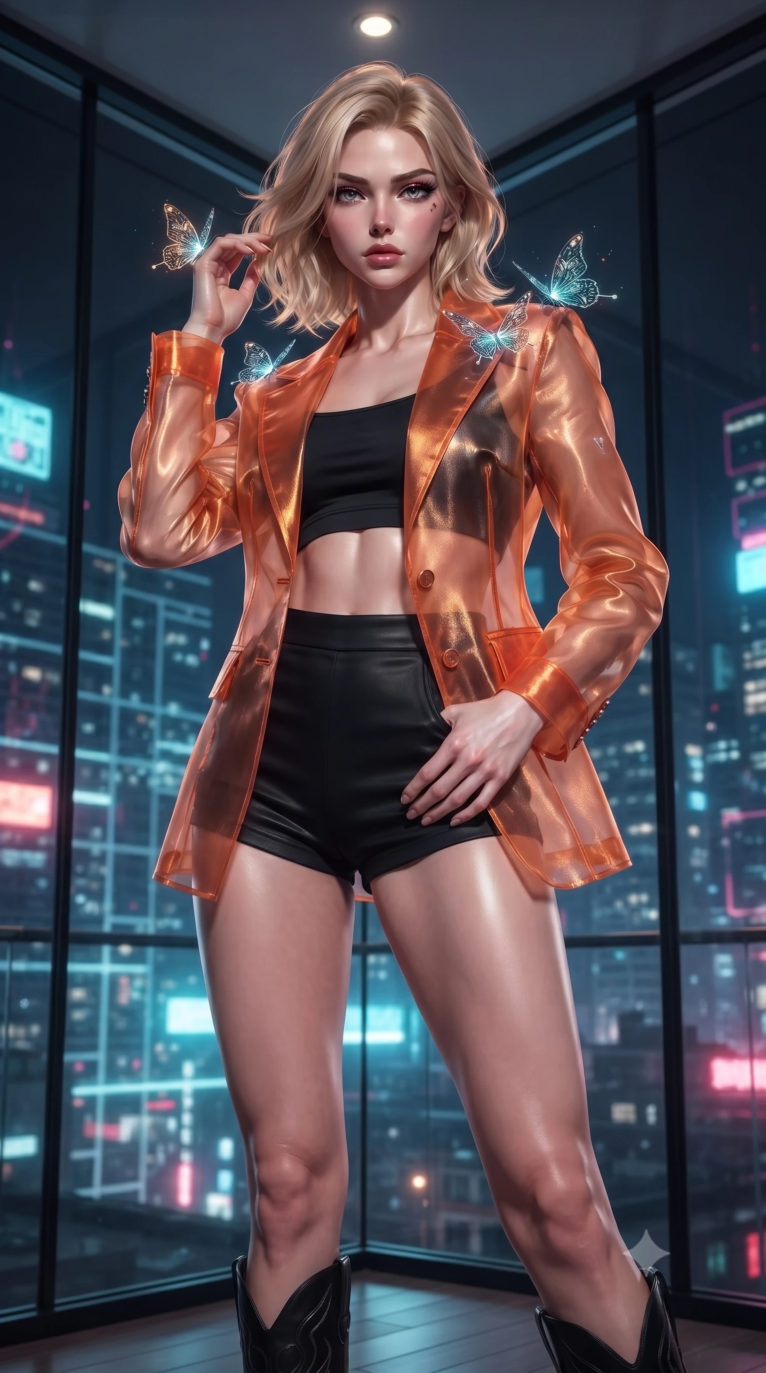 score_9, masterpiece, best quality, ultra-detailed, High-budget Anime Keyframe, editorial fashion photography, tasteful artistic composition, realistic cosplay photography, Caucasian woman, strictly human ears. Low angle cowboy shot filling the entire 9:16 frame with her statuesque presence. Scenario 545: watching digital butterflies land on her shoulders in a luxury penthouse with floor-to-ceiling glass walls overlooking a neon grid. Her presence is magnetic and overpowering in this high-budget cinematic scene. Outfit 545: a tailored sunset orange sheer organza jacket worn over an opaque crop top and high-waisted shorts. The clothing is designed to emphasize her exceptionally tall and slender 8-heads proportion. 8-heads proportion, towering silhouette, ultra-slim waist. sharp v-shaped jawline, intricate jewel-like eyes with depth, thick eyelashes, glossy lips. ultra-reflective glossy finish, specular highlights, metallic sheen, high-contrast stereoscopic depth, volumetric dynamic lighting, 2k, ultra detail, master piece, 9:16 ratio