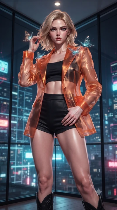score_9, masterpiece, best quality, ultra-detailed, High-budget Anime Keyframe, editorial fashion photography, tasteful artistic composition, realistic cosplay photography, Caucasian woman, strictly human ears. Low angle cowboy shot filling the entir