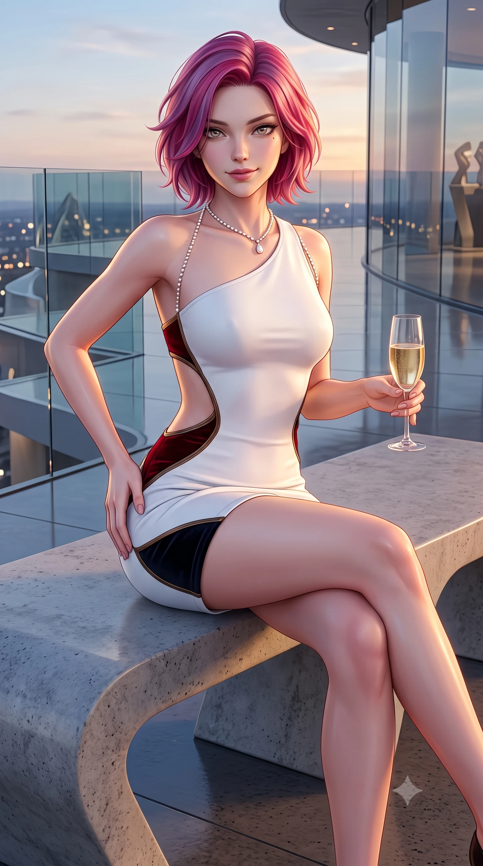 score_9, masterpiece, best quality, ultra-detailed, high-budget anime keyframe, semi-realistic 3D game render, editorial fashion photography, tasteful artistic composition, Caucasian woman. close-up cowboy shot from the waist and thighs up, the character dominates the composition, filling the frame with her large presence. tilting her head with a teasing half-smile, running one hand slowly down the side of her hip in a flirtatious S-curve as ambient light caresses her silhouette while sitting perched on a concrete sculpture bench with legs crossed, holding a champagne flute with effortless cosmopolitan charm. The surrounding environment is rendered in vivid detail and crisp panoramic clarity: detailed backless halterneck column dress cling, sunset skin highlights, and high-end museum terrace engineering in high resolution. She has an exceptionally elegant, slender, and willowy female figure with an ultra-slim waist, flat toned midriff, narrow ribcage, and sculpted feminine hips creating an alluring, slim hourglass silhouette without bulk. sharp v-shaped jawline, high-bridge nose, sparkling eyes with hypnotic seductive depth, thick curled eyelashes, glossy parted lips with a natural dewy peach sheen, alluring bedroom-eyes with an enchanting coquettish smile, exuding magnetic siren charisma and sophisticated glamour, flawlessly proportioned anatomical accuracy, strict slender model proportions, natural body alignment, perfectly sculpted long slender limbs, ultra-slim waistline, clean dynamic posture without body distortion. wearing an asymmetric one-shoulder white neoprene mini dress with sharp laser-cut side openings framing her spine and hips in deep blood-red velvet and midnight obsidian black with antique bronze trims, tailored from fine structural neoprene with crisp architectural edges and smooth contouring, accented with a pearl-drop body harness subtly framing her dewy collarbones and spine, the liquid-tight tailored fabric clinging flawlessly to her narrow waist and rounded feminine hips, emphasizing every millimeter of her sculpted slim hourglass curves without any bulky heaviness. illuminated by glass balustrade reflections and sharp warm-gold rim lights defining her razor-sharp jawline, narrow waist, and curvy hips. highly saturated vibrant anime colors, detailed shading with soft gradients, rich glossy textures, high-contrast stereoscopic depth, volumetric dynamic lighting, master piece, 9:16 ratio