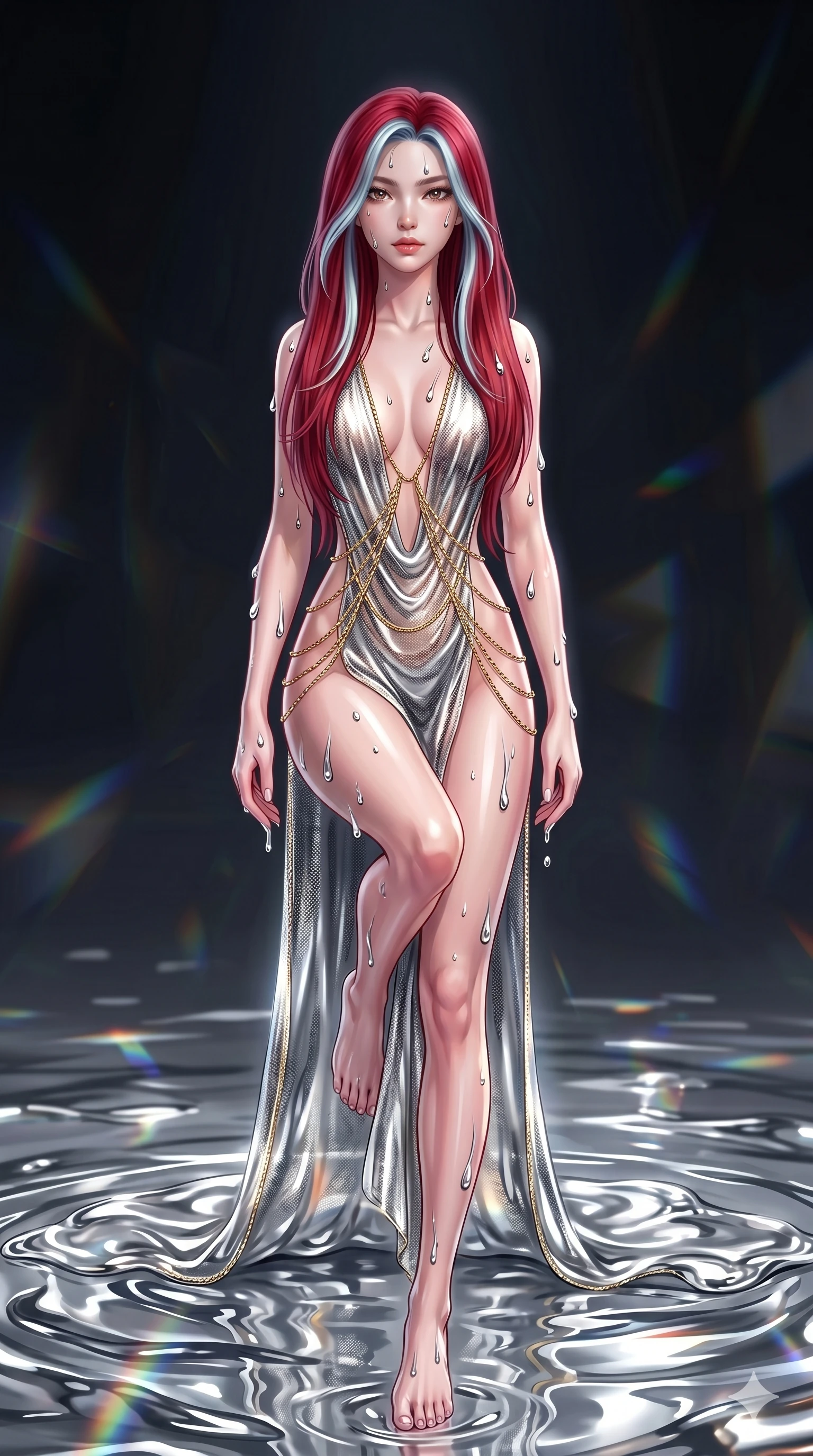 score_9, masterpiece, best quality, ultra-detailed, High-budget Anime Keyframe, East Asian woman. Dynamic full-body shot stretching the vertical silhouette to the limit. Scenario 24: Rising from a pool of mercury-like liquid, droplets rolling off her skin. Her presence is magnetic and overpowering in this high-budget anime scene. Outfit 24: A molten liquid silk micro-mesh with a plunging V-neckline and fine gold chains. The clothing is designed to emphasize her exceptionally tall and slender 8-heads proportion. 8-heads proportion, towering silhouette, ultra-slim waist. sharp v-shaped jawline, intricate jewel-like eyes with depth, thick eyelashes, glossy lips. 2k, ultra detail, master piece, 9:16 ratio
