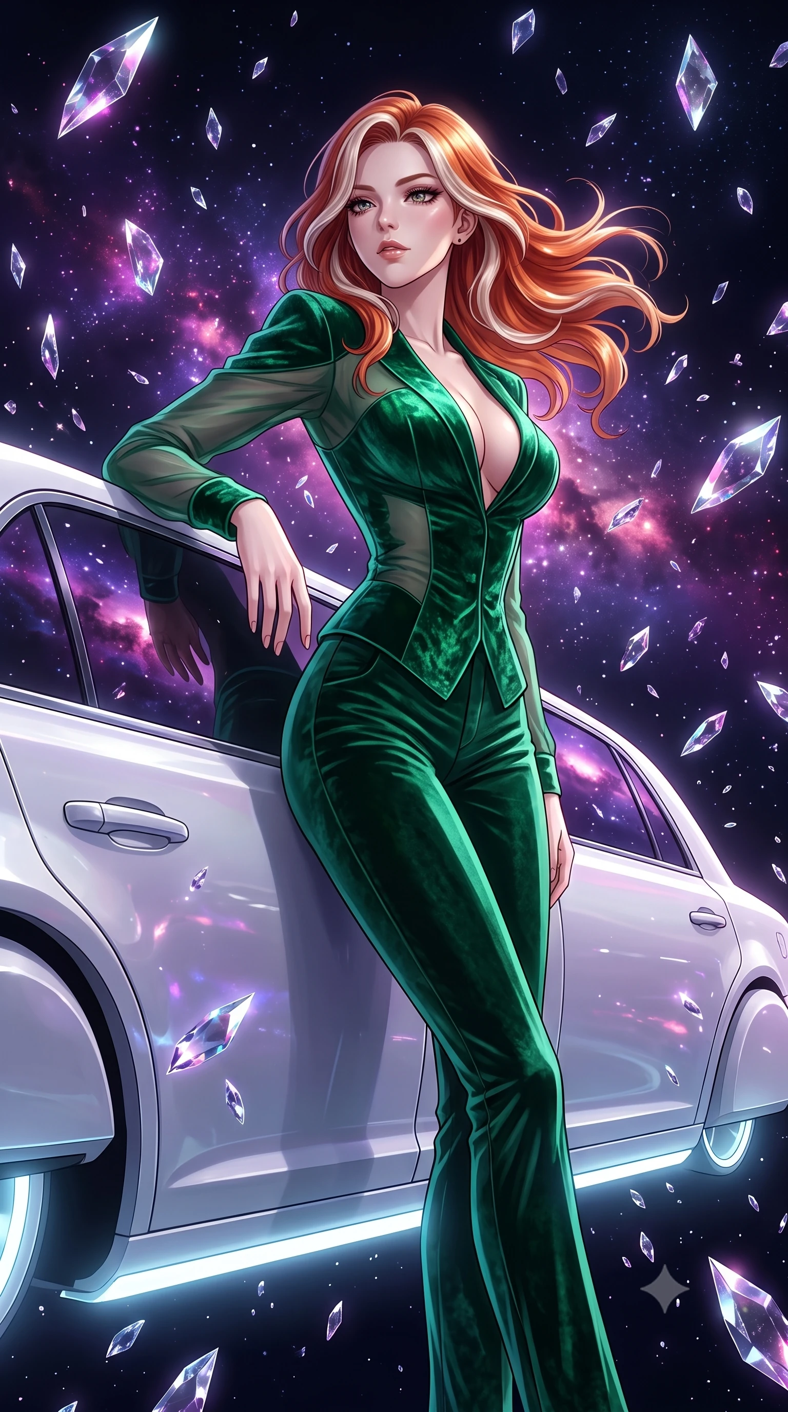 score_9, masterpiece, best quality, ultra-detailed, High-budget Anime Keyframe, Caucasian woman, strictly human ears. Low angle cowboy shot filling the entire 9:16 frame with her statuesque presence. Scenario 439: leaning against a sleek white hover-limousine by a dark void filled with floating crystal shards reflecting purple nebulae. Her presence is magnetic and overpowering in this high-budget anime scene. Outfit 439: a form-contouring emerald green crushed velvet jacket with sheer sleeves and opaque panels. The clothing is designed to emphasize her exceptionally tall and slender 8-heads proportion. 8-heads proportion, towering silhouette, ultra-slim waist. sharp v-shaped jawline, intricate jewel-like eyes with depth, thick eyelashes, glossy lips. 2k, ultra detail, master piece, 9:16 ratio