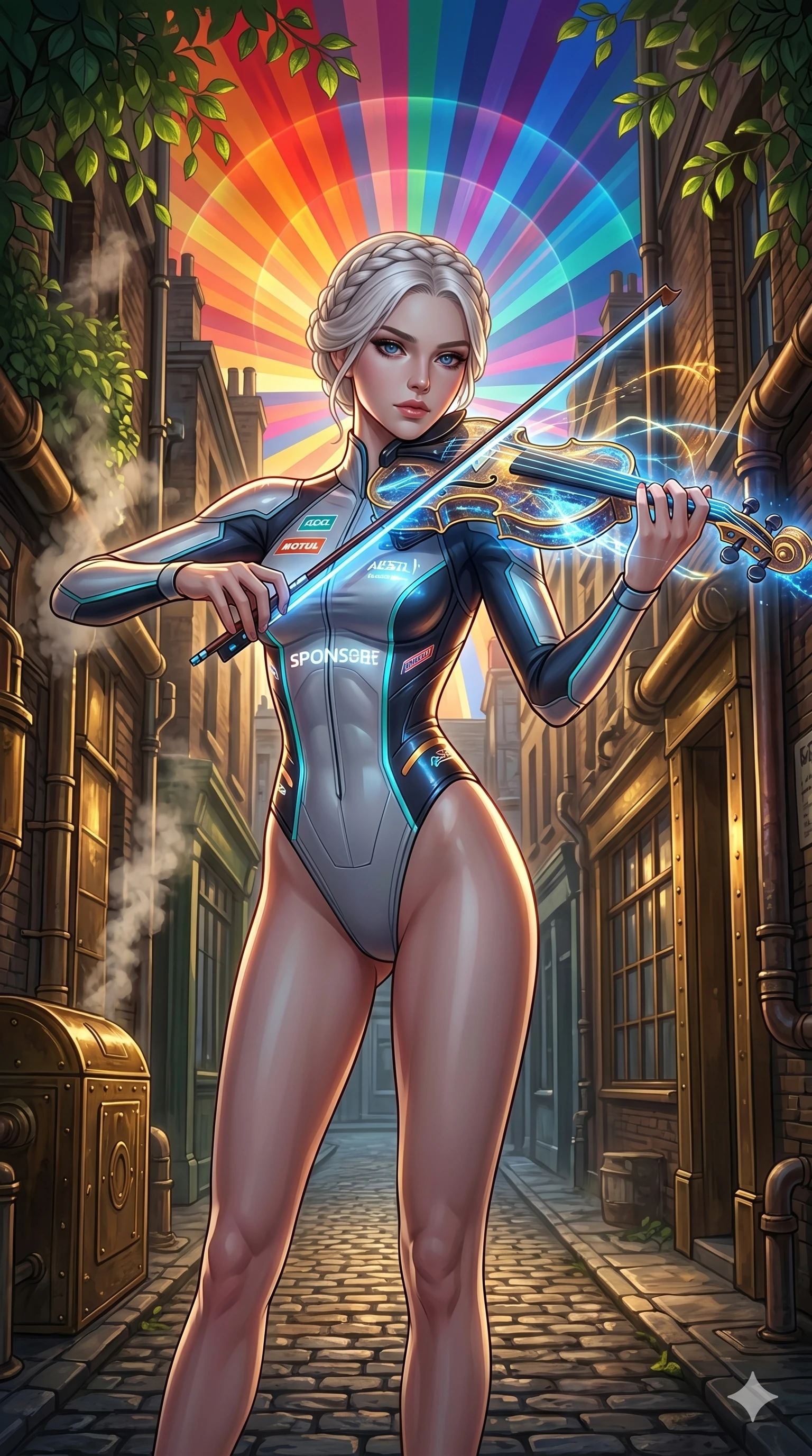 score_9, masterpiece, best quality, ultra-detailed, Set A: High-budget Anime Keyframe, Caucasian (human ears) woman. Upper body close-up from the thighs up, character filling the screen for maximum presence. Theme: Primal Nature. playing a holographic violin in a steampunk London alleyway, with a look of serene power as the sky splits into 18 colors. The atmosphere is filled with cinematic sunlight through leaves. She has an absolutely perfect 8-heads proportion, an exceptionally tall and slender female figure with impossibly long slender legs and an ultra-slim waist. Sharp v-shaped jawline, high-bridge nose, intricate jewel-like eyes with depth, glossy lips. Wearing High-cut racing bodysuit with glowing sponsor-logos and sleek aerodynamic lines. Cinematic lighting, vivid colors, dramatic shadows, 2k, ultra detail, master piece, 9:16 ratio