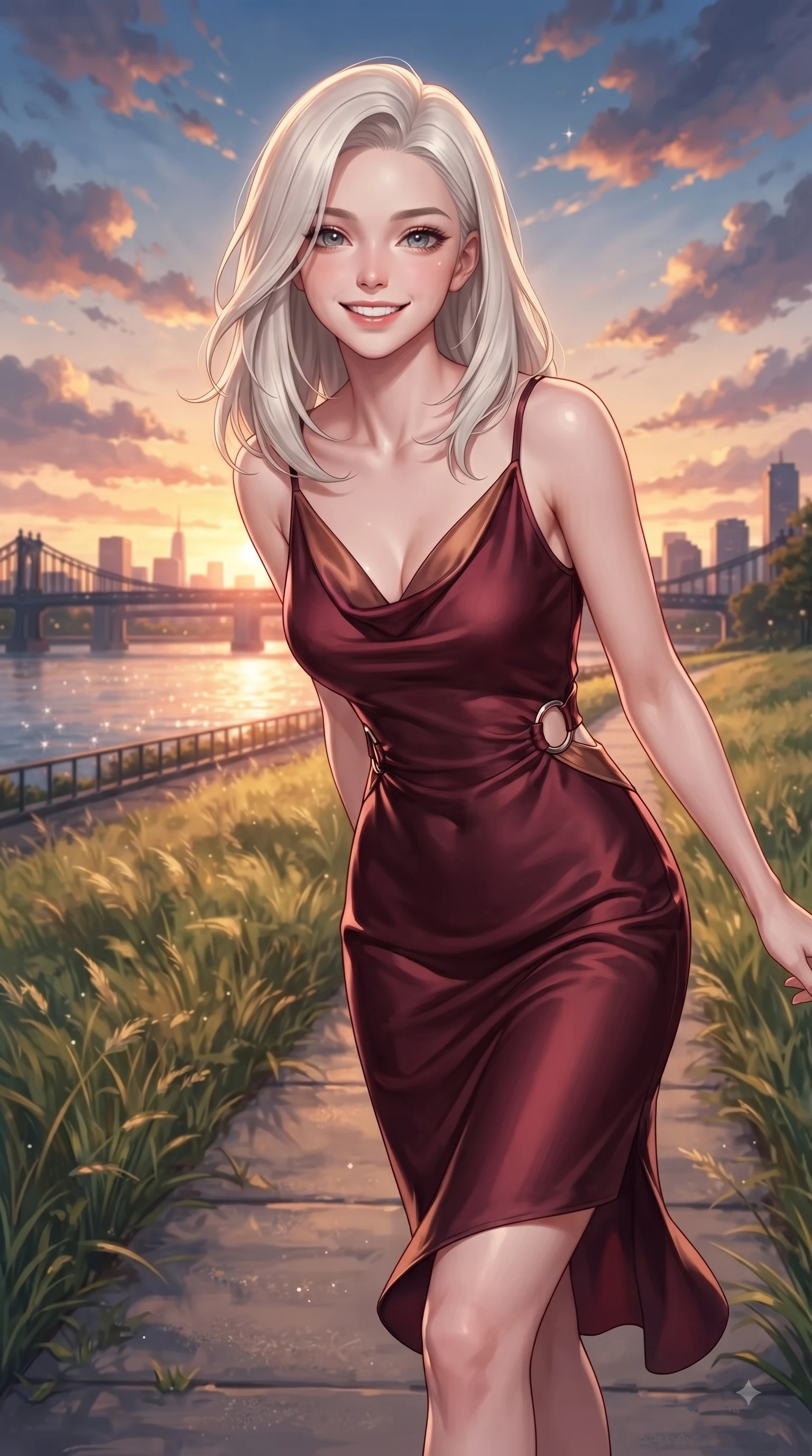 score_9, masterpiece, best quality, ultra-detailed, high-budget anime keyframe, editorial fashion photography, tasteful artistic composition, Caucasian woman. close-up cowboy shot from the waist and thighs up, the character dominates the composition, filling the frame with her large presence. Cheerful beaming smile with sparkling eyes and a fresh girlhood aura, leaning forward with playful grace while walking cheerfully along a park pathway bordered by swaying grass as sunset light paints the sky. The surrounding environment is rendered in vivid detail and crisp panoramic clarity. sparkling river waters, iconic city bridge outlines, and dramatic sunset sky clouds in crisp detail. She has an exceptionally elegant, slender, and willowy female figure with an ultra-slim waist, a gracefully sculpted slender torso, and a refined silhouette. sharp v-shaped jawline, high-bridge nose, intricate jewel-like eyes with depth, thick eyelashes, glossy lips with a natural sheen, flawlessly proportioned anatomical accuracy, natural body alignment, perfectly sculpted elegant limbs, clean dynamic posture without body distortion. wearing an elegant cowl-neck silk satin midi dress with a graceful draped neckline in deep burgundy red and bronze accent, crafted from lightweight fluid chiffon, accented with subtle metallic ring hardware framing her waist, the form-contouring material highlighting her ultra-slim waist and long lines. surrounded by a serene, uplifting, and romantic park ambiance. ultra-reflective glossy finish, specular highlights, metallic sheen, high-contrast stereoscopic depth, volumetric dynamic lighting, 2k, ultra detail, master piece, 9:16 ratio