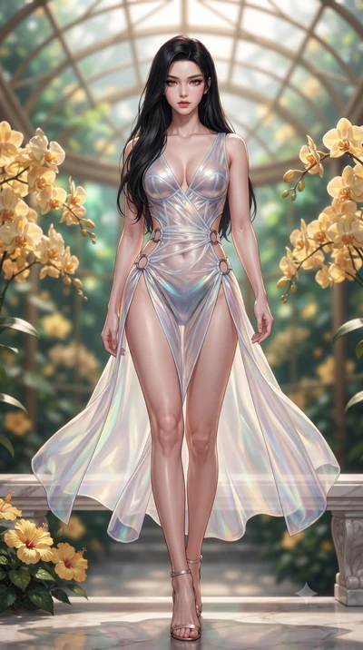 score_9, masterpiece, best quality, ultra-detailed, high-budget anime keyframe, editorial fashion photography, tasteful artistic composition, Korean woman. low angle full-body shot from head to toe showing her feet, filling the entire 9:16 vertical f