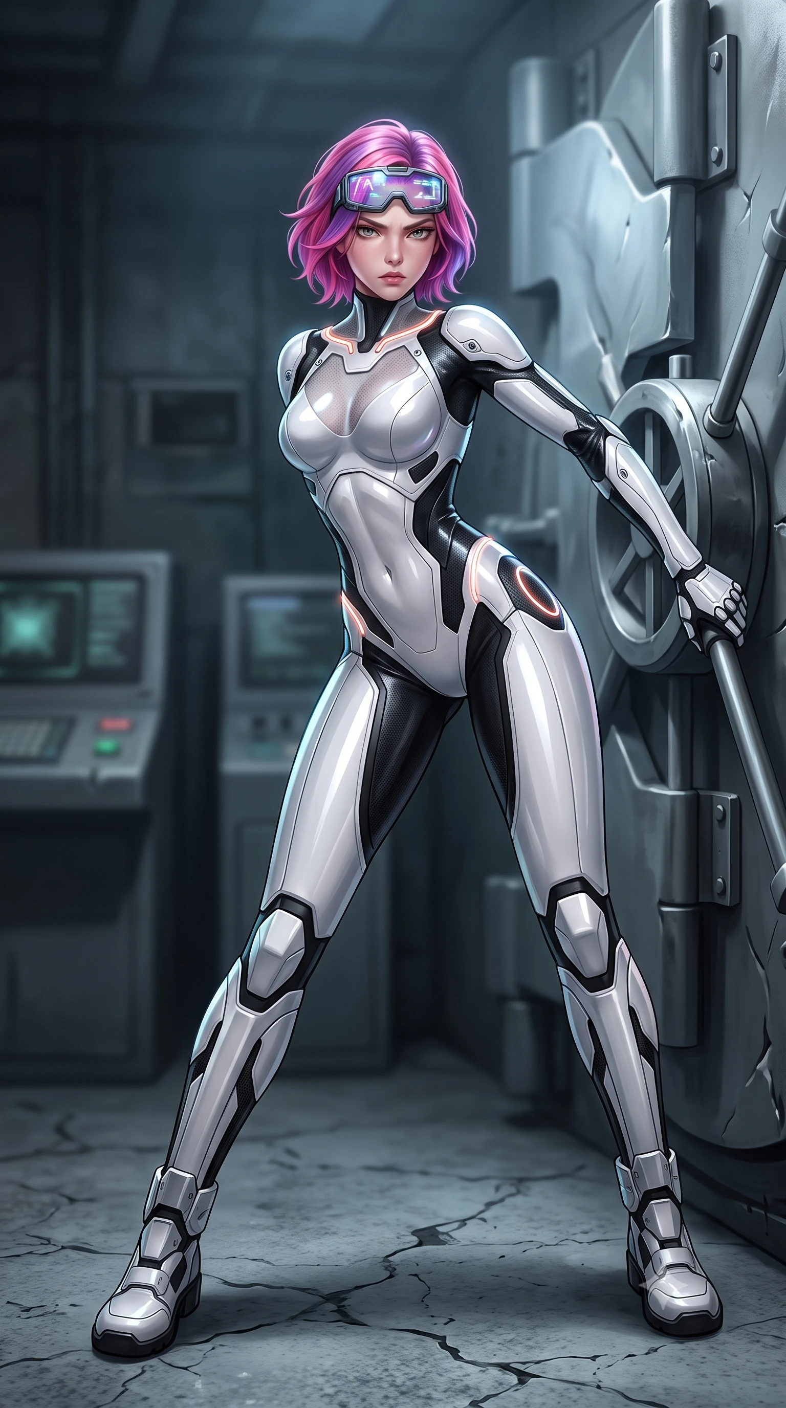 score_9, masterpiece, best quality, ultra-detailed, high-budget anime keyframe, semi-realistic 3D game render, editorial fashion photography, tasteful artistic composition, Caucasian woman. low angle full-body shot from head to toe showing her feet, filling the entire 9:16 vertical frame with her statuesque presence, stretching her vertical silhouette. pivoting dynamically in a high-speed low sweep kick along the cracked concrete, her athletic torso and ultra-slim waist twisting in a fluid arc of power while arching her spine in a fluid combat stance with one fist planted on a dented bulkhead door, catching her breath with fierce pride. The composition keeps background elements in soft focus with creamy bokeh. heavy vault door mechanisms and security terminal consoles softened in moody atmospheric depth. She has an absolutely perfect, statuesque 8.5-heads proportion, an exceptionally tall and slender model-like female figure with impossibly long slender legs, a toned flat midriff, and an ultra-slim waist. sharp v-shaped jawline, high-bridge nose, intricate jewel-like eyes with depth, thick eyelashes, glossy lips with a natural sheen, fierce and resolute heroine expression, flawlessly proportioned anatomical accuracy, strict slender model proportions, natural body alignment, perfectly sculpted long slender limbs, ultra-slim waistline, clean dynamic posture without body distortion. wearing high-tech holographic tactical goggles resting tipped up on her forehead, casting glowing neon runes across her brow without obscuring her features, paired with an ultra-sleek high-gloss carbon-composite exoskeleton suit featuring kinetic shock-absorbing shin guards and flexible limb articulation joints in monochrome white enamel carbon with high-contrast black tactical panels, crafted from semi-translucent cybernetic carbon-vinyl interwoven with glowing micro-filaments, accented with glowing fiber-optic telemetry conduits tracing her collarbones and hip curves, the glove-like aerodynamic second-skin fit tightly clinging to her ultra-slender waist and athletic curves without adding bulk, accentuating her razor-sharp statuesque lines and slim hourglass silhouette. illuminated by sharp specular highlights tracing her ultra-slim waist, long legs, and sculpted armor plates. rich saturated anime colors with glowing neon highlights, detailed shading with soft gradients, rich glossy textures, high-contrast stereoscopic depth, volumetric dynamic lighting, master piece, 9:16 ratio