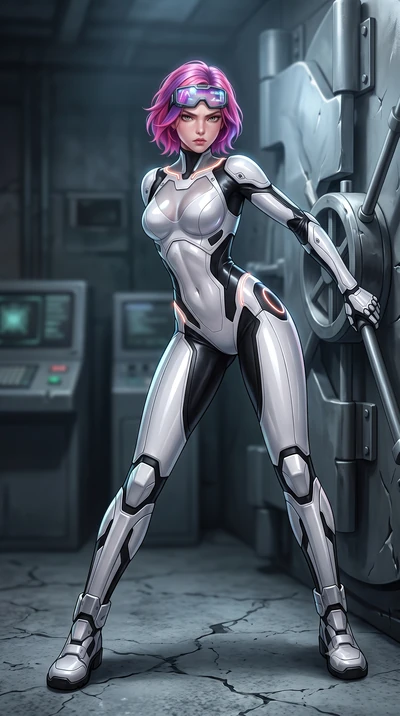 score_9, masterpiece, best quality, ultra-detailed, high-budget anime keyframe, semi-realistic 3D game render, editorial fashion photography, tasteful artistic composition, Caucasian woman. low angle full-body shot from head to toe showing her feet, 