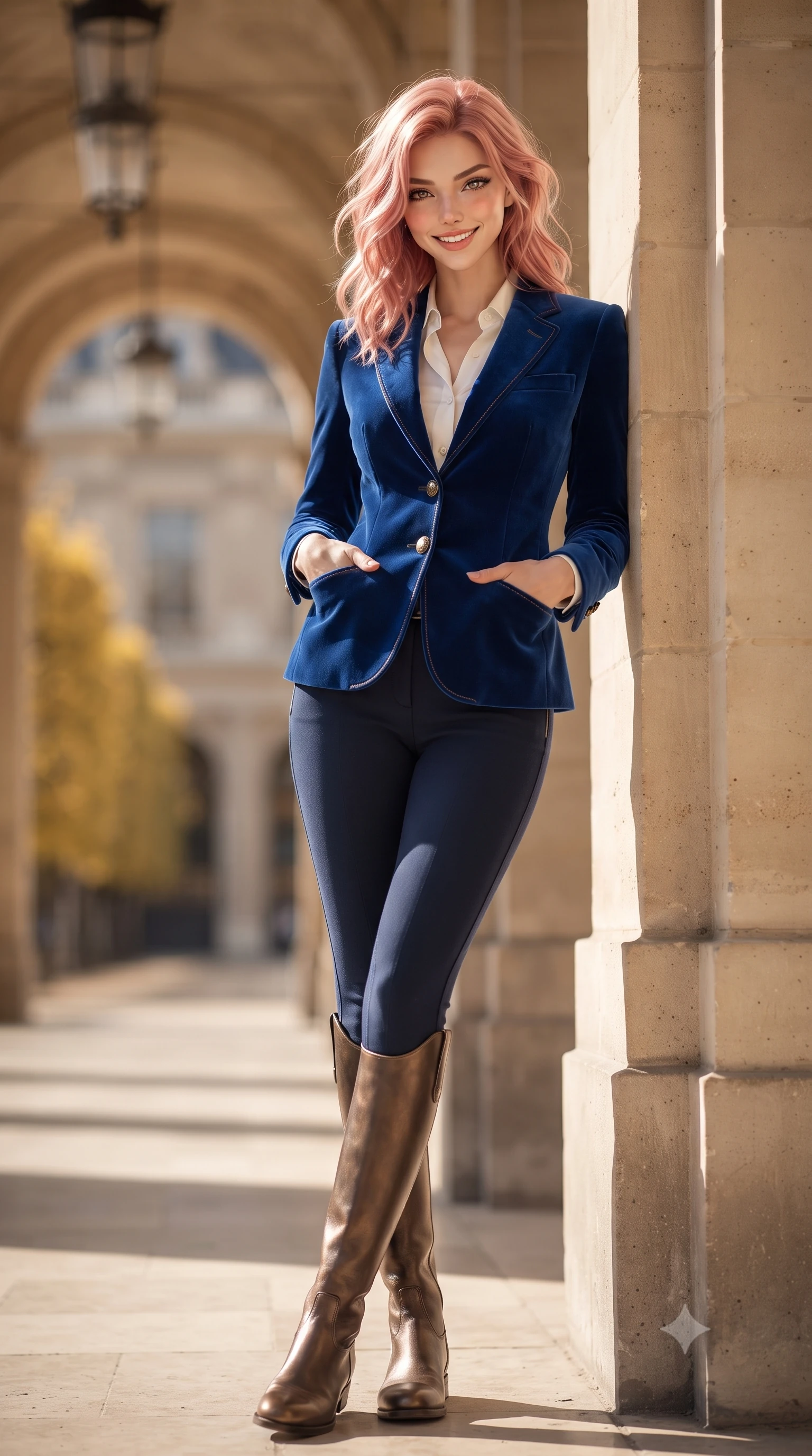 score_9, masterpiece, best quality, ultra-detailed, high-budget anime keyframe, editorial fashion photography, tasteful artistic composition, Japanese woman. low angle full-body shot from head to toe showing her feet, filling the entire 9:16 vertical frame with her statuesque presence, stretching her vertical silhouette. leaning lightly against the sunlit architectural column with arms crossed loosely, flashing a warm, confident smile while pausing at the edge of the striped Buren columns, striking a commanding fashion editorial stance with hands in tailored coat pockets. The background shows a soft-focus receding rows of stone arches, golden clipped linden tree alleys, and historic palace facades blurred into sandstone, marigold, and sky grey bokeh. She has an exceptionally tall and slender model-like 8.5-heads proportion, an ultra-slim waist, a flat toned midriff, narrow delicate ribcage, and beautifully sculpted feminine hips creating a graceful, slim hourglass silhouette without any bulky heaviness, with impossibly long slender legs. sharp v-shaped jawline, high-bridge nose, intricate jewel-like sparkling eyes with depth, thick eyelashes, glossy parted lips with a natural peach sheen, bright cheerful beaming smile with an enchanting and coquettish sensual glint, exuding both youthful cute charm and seductive allure, flawlessly proportioned anatomical accuracy, strict slender model proportions, natural body alignment, perfectly sculpted long slender limbs, ultra-slim waistline, clean dynamic posture without body distortion. wearing a tailored velvet collar wool equestrian blazer paired with slim-cut riding trousers and knee-high leather boots in royal sapphire blue and antique brushed bronze, crafted from rich cotton velvet with deep light-absorbing pile and soft gradients, featuring delicate tonal horn buttons and meticulous hand-stitched pick-lapel borders, the streamlined silhouette following her natural slender proportions with sophisticated poise, enhancing her tall willowy presence. bathed in rhythmic alternating pools of bright autumn afternoon sun and soft shaded stone arcade ambient light. ultra-reflective glossy finish, specular highlights, rich textural contrasts, high-contrast stereoscopic depth, volumetric dynamic lighting, 2k, ultra detail, master piece, 9:16 ratio