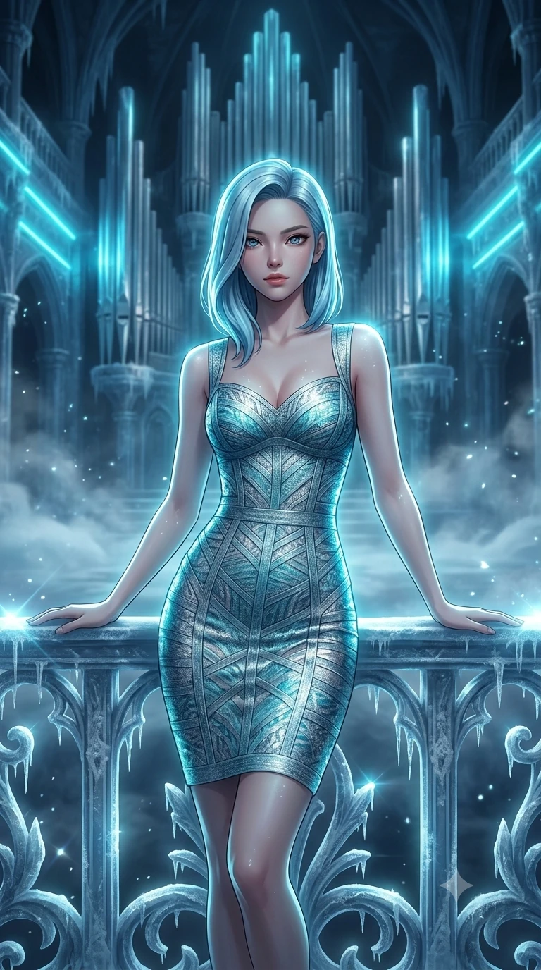 score_9, masterpiece, best quality, ultra-detailed, high-budget anime keyframe, semi-realistic 3D game render, editorial fashion photography, tasteful artistic composition, Korean woman. close-up cowboy shot from the waist and thighs up, the character dominates the composition, filling the frame with her large presence. leaning back against the balustrade with relaxed seductive grace, head tilted back slightly while casting a hypnotic, heavy-lidded gaze while standing poised at the center of the frozen cathedral stage beneath monumental ice-crystal pipe organs, arching her lower back with sovereign diva charisma as cyan neon aria lights pulse rhythmically. The background shows a soft-focus frosty aria breath mist softened in glacial opera house cathedral shallow focus. She has an exceptionally elegant, slender, and willowy female figure with an ultra-slim waist, flat toned midriff, narrow ribcage, and sculpted feminine hips creating an alluring, slim hourglass silhouette without bulk. sharp v-shaped jawline, high-bridge nose, intricate jewel-like sparkling eyes with depth, thick eyelashes, glossy parted lips with a natural peach sheen, bright cheerful beaming smile with an enchanting and coquettish sensual glint, exuding both youthful cute charm and seductive allure, flawlessly proportioned anatomical accuracy, strict slender model proportions, natural body alignment, perfectly sculpted long slender limbs, ultra-slim waistline, clean dynamic posture without body distortion. wearing a dense bandage knit cocktail dress with sweetheart neckline hugging her delicate ribcage and feminine hips in glacial aurora cyan and starlight silver, woven from structured carbon-fiber jacquard with rich textural depth, finished with sleek magnetic buckle closures fluttering in the breeze, the second-skin tailored fabric adhering flawlessly to her sculpted flat midriff and slender torso, emphasizing her long leg lines and perfectly proportioned willowy build. illuminated by polished ice stage reflection bounce and sharp cyan-silver rim lights sculpting her jawline, narrow waist, and curvy hips. highly saturated vibrant anime colors, detailed shading with soft gradients, rich glossy textures, high-contrast stereoscopic depth, volumetric dynamic lighting, master piece, 9:16 ratio