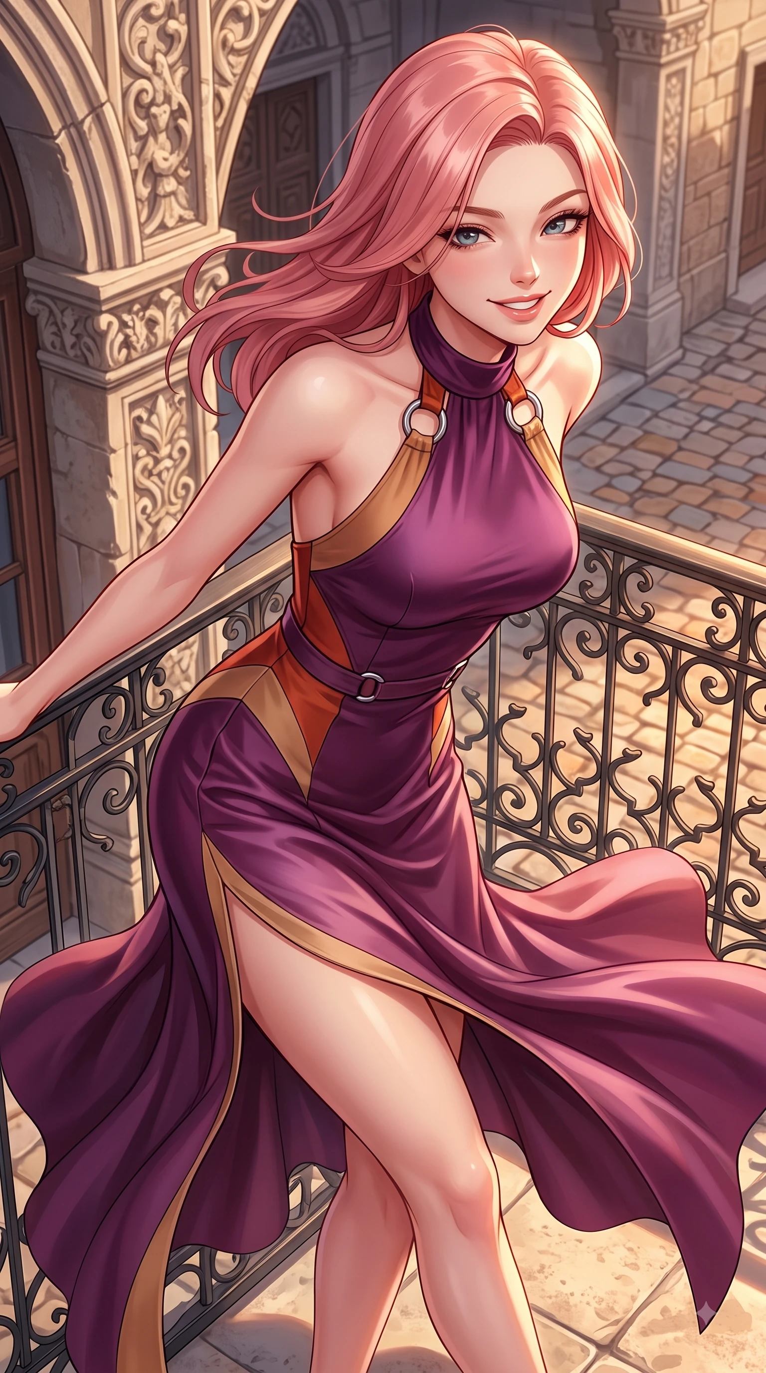 score_9, masterpiece, best quality, ultra-detailed, high-budget anime keyframe, editorial fashion photography, tasteful artistic composition, Japanese woman. close-up cowboy shot from the waist and thighs up, the character dominates the composition, filling the frame with her large presence. Playful cute grin with eyes crinkling in pure girlhood delight, leaning forward with adorable energy while pivoting dynamically near a sunlit wrought-iron balcony as a warm afternoon breeze billows her outfit. The surrounding environment is rendered in vivid detail and crisp panoramic clarity. intricate stone carvings, wrought-iron balconies, and warm cobblestone textures captured in crisp resolution. She has an exceptionally elegant, slender, and willowy female figure with an ultra-slim waist, a gracefully sculpted slender torso, and a refined silhouette. sharp v-shaped jawline, high-bridge nose, intricate jewel-like eyes with depth, thick eyelashes, glossy lips with a natural sheen, flawlessly proportioned anatomical accuracy, natural body alignment, perfectly sculpted elegant limbs, clean dynamic posture without body distortion. wearing a rich plum purple halter-neck silk dress with silver ring hardware in burnt orange and warm camel beige, crafted from smooth liquid silk satin, finished with a sleek side slit ascending to mid-thigh, the tailored fit highlighting her statuesque and model-like silhouette. illuminated by high-contrast directional key light and warm ambient reflections. highly saturated vibrant anime colors, detailed shading with soft gradients, rich glossy textures, high-contrast stereoscopic depth, volumetric dynamic lighting, master piece, 9:16 ratio
