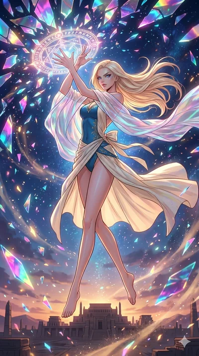 score_9, masterpiece, best quality, ultra-detailed, high-budget anime movie keyframe, cinematic anime lighting, intricate line art, Japanese woman. Mid-air action shot capturing a graceful twist and vertical silhouette. casting a spell that shatters 