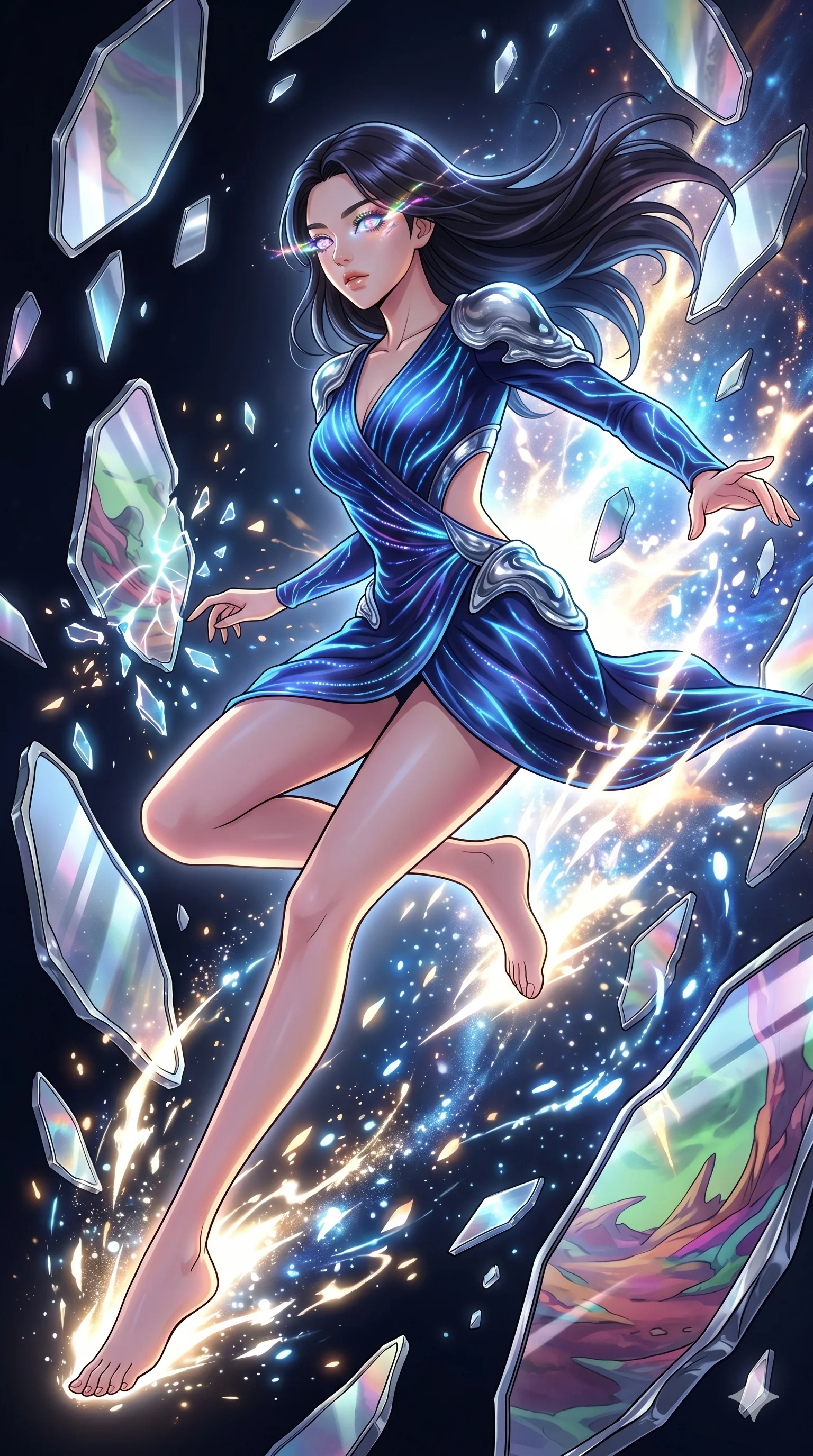 score_9, masterpiece, best quality, ultra-detailed, Set A: High-budget Anime Keyframe, Korean woman. Low angle cowboy shot filling the entire 9:16 frame with her statuesque presence. Leaping through a dimension of floating mirrors, while her eyes glow with 280 different colors and surrounded by glowing energy sparks. She has an absolutely perfect 8-heads proportion, an exceptionally tall and slender female figure with impossibly long slender legs and an ultra-slim waist. Sharp v-shaped jawline, high-bridge nose, intricate jewel-like eyes with depth, thick eyelashes, glossy lips with a natural sheen. Wearing Bioluminescent silk wrap dress with strategic side cut-outs and liquid mercury textures. Cinematic lighting, vibrant colors, dramatic shadows, 2k, ultra detail, master piece, 9:16 ratio