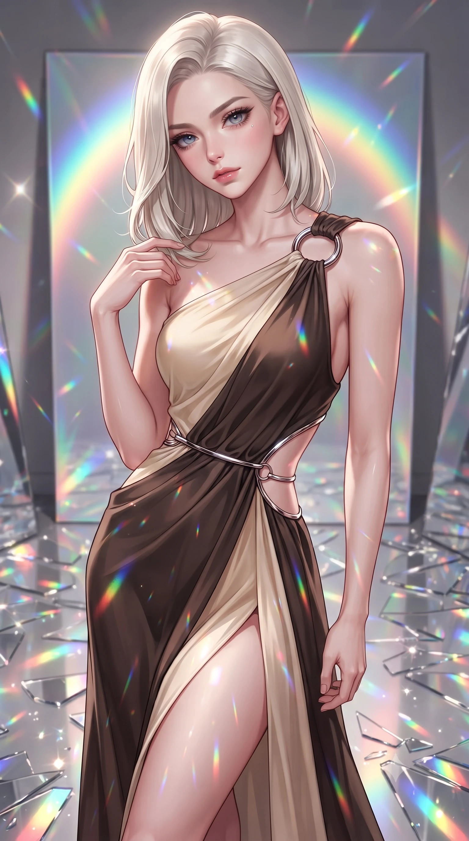 score_9, masterpiece, best quality, ultra-detailed, high-budget anime keyframe, editorial fashion photography, tasteful artistic composition, Caucasian woman. close-up cowboy shot from the waist and thighs up, the character dominates the composition, filling the frame with her large presence, background elements kept in soft focus. Leaning slightly forward with a composed, seductive gaze under soft glowing light poised before a giant holographic canvas emitting luminous color arcs, shattered mirror shards scattering brilliant rainbow reflections everywhere. She has an exceptionally elegant, slender, and willowy female figure with an ultra-slim waist, a gracefully sculpted slender torso, and a refined silhouette. sharp v-shaped jawline, high-bridge nose, intricate jewel-like eyes with depth, thick eyelashes, glossy lips with a natural sheen. wearing an asymmetrical Grecian draped chiffon gown with a metallic shoulder ring in espresso brown and warm cream, formed from sleek second-skin neoprene, accented with delicate chrome ring hardware framing her waist, the elegant draped fit framing her graceful clavicle and slender torso. illuminated by brilliant multi-color rainbow light refracting through glass. highly saturated vibrant anime colors, detailed shading with soft gradients, rich glossy textures, high-contrast stereoscopic depth, volumetric dynamic lighting, master piece, 9:16 ratio
