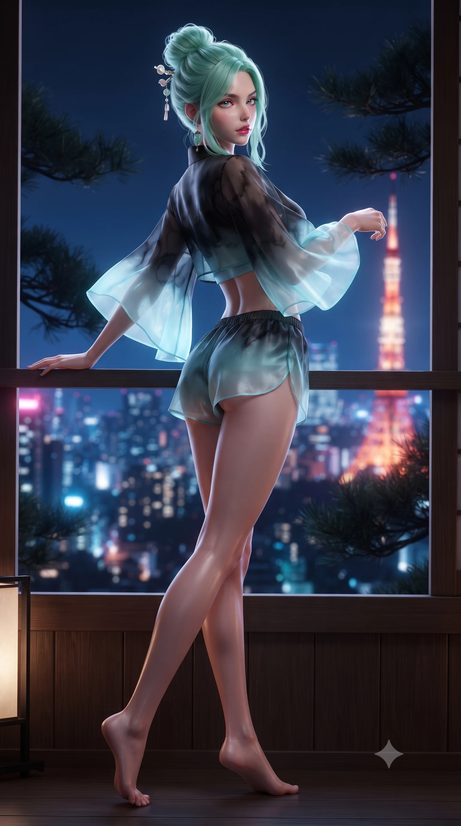 score_9, masterpiece, best quality, ultra-detailed, high-budget anime keyframe, editorial fashion photography, tasteful artistic composition, Japanese woman. low angle full-body shot from head to toe showing her feet, filling the entire 9:16 vertical frame with her statuesque presence, stretching her vertical silhouette. executing an elegant mid-motion pivot turn as garments swirl around her slender limbs, glancing over her shoulder with an intoxicating bedroom-gaze while leaning back against a cedar bath partition overlooking glowing Tokyo skyscrapers, parted glossy lips reflecting pink neon lights. The composition keeps background elements in soft focus with creamy bokeh. distant Tokyo Tower neon lights and dark pine branches softened in dreamy nocturnal shallow focus. She has an absolutely perfect, statuesque 8.5-heads proportion, an exceptionally tall and slender model-like female figure with impossibly long slender legs, a toned flat midriff, an ultra-slim waist, and beautifully sculpted feminine hips. sharp v-shaped jawline, high-bridge nose, intricate jewel-like eyes with depth, thick eyelashes, glossy parted lips with a natural sheen, intensely captivating and seductive bedroom-eyes expression, flawlessly proportioned anatomical accuracy, strict slender model proportions, natural body alignment, perfectly sculpted long slender limbs, ultra-slim waistline, clean dynamic posture without body distortion. wearing a modern shortened cyber-yukata crop top with wide fluttering sleeves and low-slung silk swim shorts in dark ink-wash black and radiant moonlight cyan, crafted from weightless prism organza that refracts light with every motion, accented with mother-of-pearl hair ornaments and a carved jade pendant, the form-contouring material adhering flawlessly to her sculpted flat midriff and slender torso, emphasizing her long leg lines and perfectly proportioned willowy build. surrounded by an intimate, tranquil, and deeply sensual Japanese skylounge muse aura. ultra-reflective glossy finish, specular highlights, rich textural contrasts, high-contrast stereoscopic depth, volumetric dynamic lighting, 2k, ultra detail, master piece, 9:16 ratio
