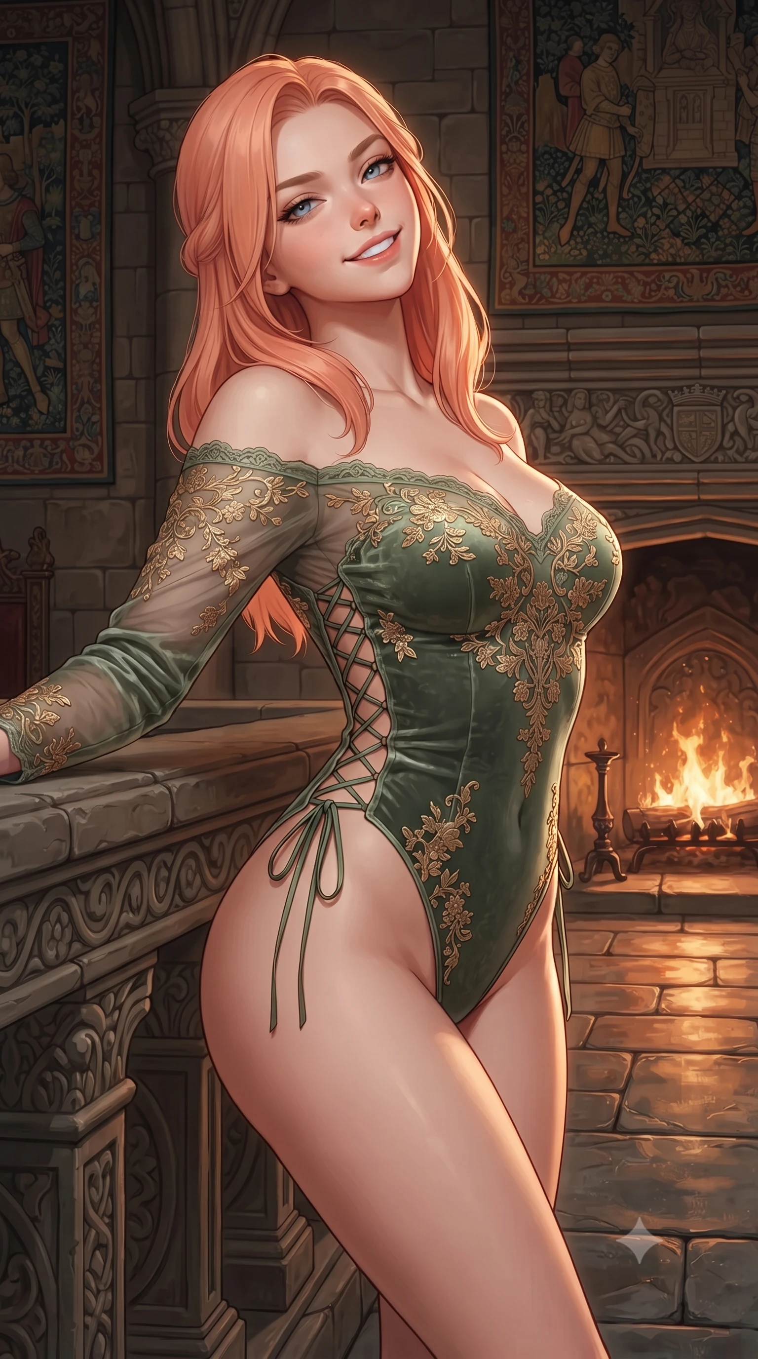 score_9, masterpiece, best quality, ultra-detailed, high-budget anime keyframe, editorial fashion photography, tasteful artistic composition, Japanese woman. close-up cowboy shot from the waist and thighs up, the character dominates the composition, filling the frame with her large presence. leaning back against the balustrade with relaxed seductive grace, head tilted back slightly while casting a hypnotic, heavy-lidded gaze while twisting her slender torso in an alluring contrapposto stance on the slate flagstone floor, glowing hearth firelight caressing her narrow waist and curvy hips. The surrounding environment is rendered in vivid detail and crisp panoramic clarity: detailed fabric weave, gold embroidery accents, and 13th-century Scottish castle relief in razor-sharp precision. She has an exceptionally elegant, slender, and willowy female figure with an ultra-slim waist, flat toned midriff, narrow ribcage, and sculpted feminine hips creating an alluring, slim hourglass silhouette without bulk. sharp v-shaped jawline, high-bridge nose, intricate jewel-like sparkling eyes with depth, thick eyelashes, glossy parted lips with a natural peach sheen, bright cheerful beaming smile with an enchanting and coquettish sensual glint, exuding both youthful cute charm and seductive allure, flawlessly proportioned anatomical accuracy, strict slender model proportions, natural body alignment, perfectly sculpted long slender limbs, ultra-slim waistline, clean dynamic posture without body distortion. wearing an off-the-shoulder sheer-illusion lace bodysuit with strategic floral flocking and high-cut leg openings in Tulum jungle agave sage and copal resin gold, tailored from ultra-plush silk velvet with rich tactile depth and deep shadow gradients, featuring fine criss-cross lace-up side ties revealing tantalizing glimpses of her hip curve, the bespoke structured tailoring following the natural line of her 8.5-heads silhouette with refined elegance. illuminated by slate floor reflection bounce and sharp copper-gold rim lights sculpting her razor-sharp jawline, narrow waist, and curvy hips. ultra-reflective glossy finish, specular highlights, rich textural contrasts, high-contrast stereoscopic depth, volumetric dynamic lighting, 2k, ultra detail, master piece, 9:16 ratio
