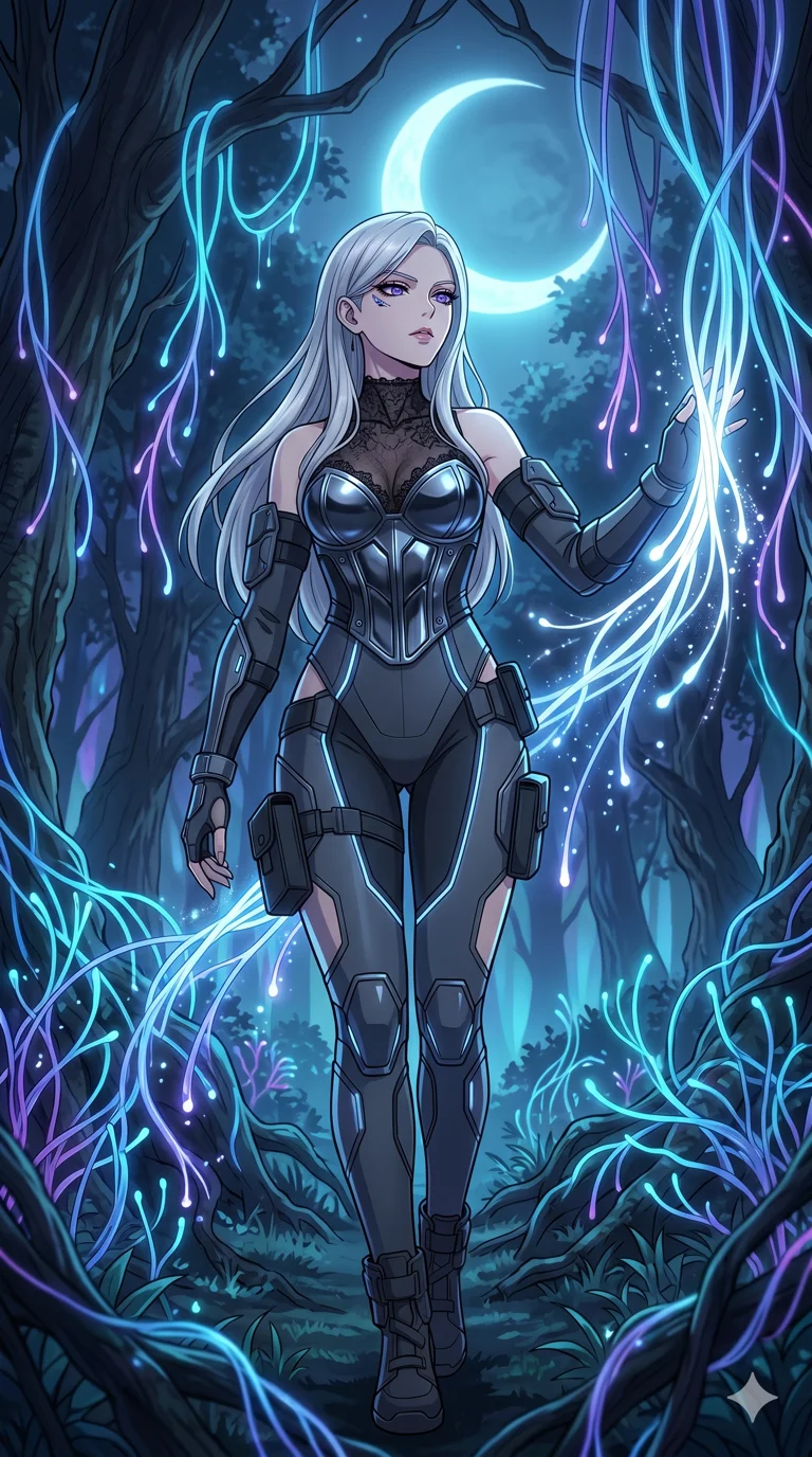 score_9, masterpiece, best quality, ultra-detailed, High-budget Anime Keyframe, vibrant colors, fluid line-art, expressive lighting, cinematic composition, Ufotable-style visual effects, top-tier animation quality, Caucasian woman with pale skin and refined features. Low angle cowboy shot filling the entire 9:16 frame with her statuesque presence, looking up to emphasize her height. Walking through a forest of fiber-optic vines that react to her touch by glowing brighter. She has an absolutely perfect 8-heads proportion, an exceptionally tall and slender female figure with impossibly long slender legs and an ultra-slim waist, her statuesque height and towering silhouette dominating the vertical 9:16 frame. Her face is a masterpiece featuring a sharp v-shaped jawline, high-bridge nose, intricate jewel-like eyes with depth, thick eyelashes, and glossy lips with a natural sheen. She is wearing a Asymmetrical high-cut tech-bodysuit with detached sleeves, chrome-plated corset over sheer lace, and neon-lit tactical gear with suggestive cutouts.. The scene is set in a mystical grove under a giant glowing moon that illuminates the fiber-optic flora. 2k, ultra detail, master piece, 9:16 ratio