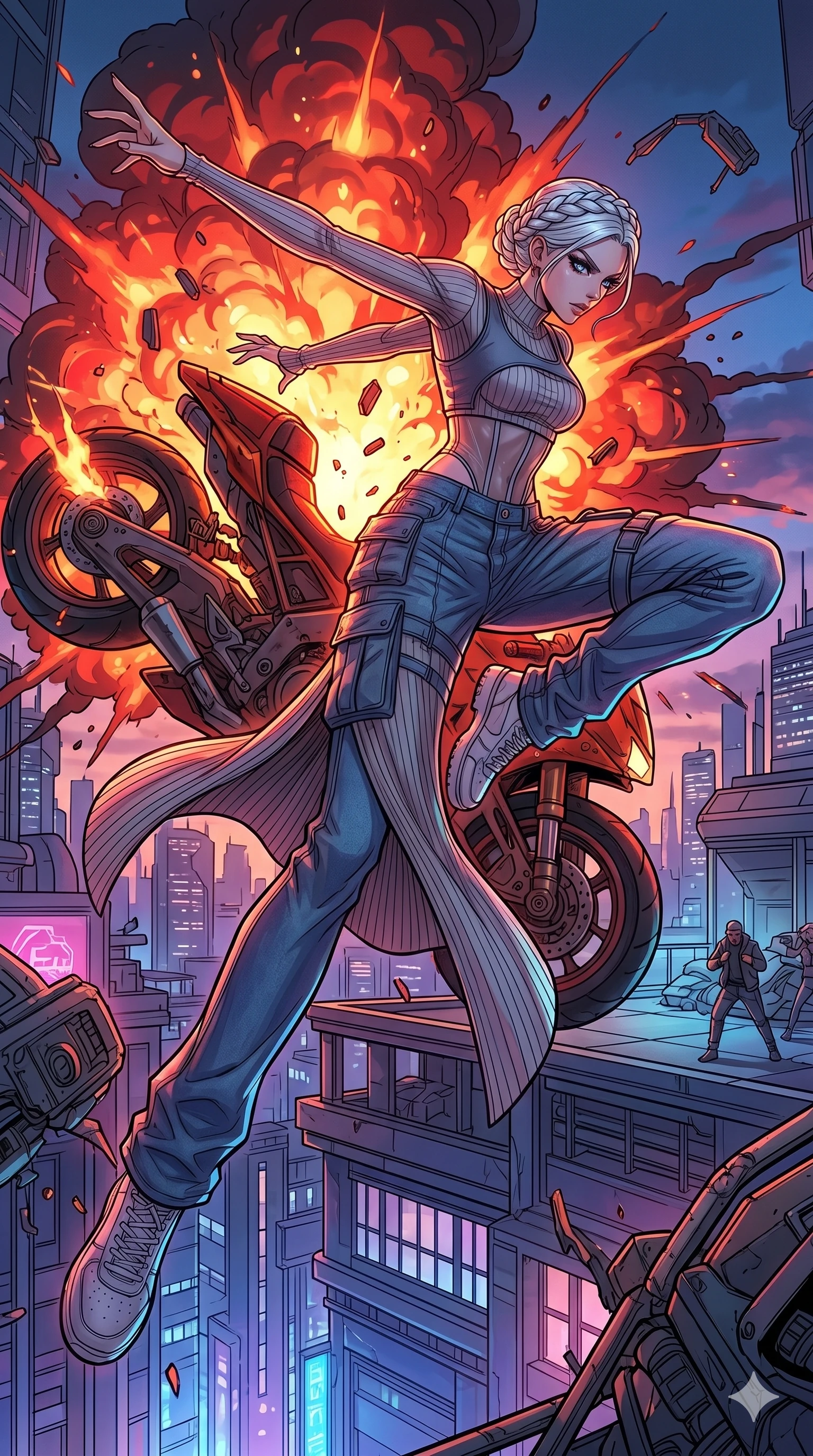 score_9, masterpiece, best quality, ultra-detailed, high-budget anime movie keyframe, cinematic anime lighting, intricate line art, Japanese anime girl. Dynamic full-body shot stretching the vertical silhouette with extreme perspective. launching herself into the air from a exploding hover-bike. She has an absolutely perfect 8-heads proportion, an exceptionally tall and slender female figure with an ultra-slim waist and impossibly long slender legs. strictly human anatomy, two legs only, no extra limbs, clearly defined legs and arms, perfect anatomy, perfect hands and fingers. sharp v-shaped jawline, high-bridge nose, intricate jewel-like eyes, thick eyelashes, glossy lips. Wearing Urban Trendsetter: Ribbed bodycon dress, crop top with high-waist denim, and sheer corset with cargo pants. The scene is illuminated by dramatic atmospheric lighting and vibrant color palettes. , 2k, ultra detail, master piece, 9:16 ratio