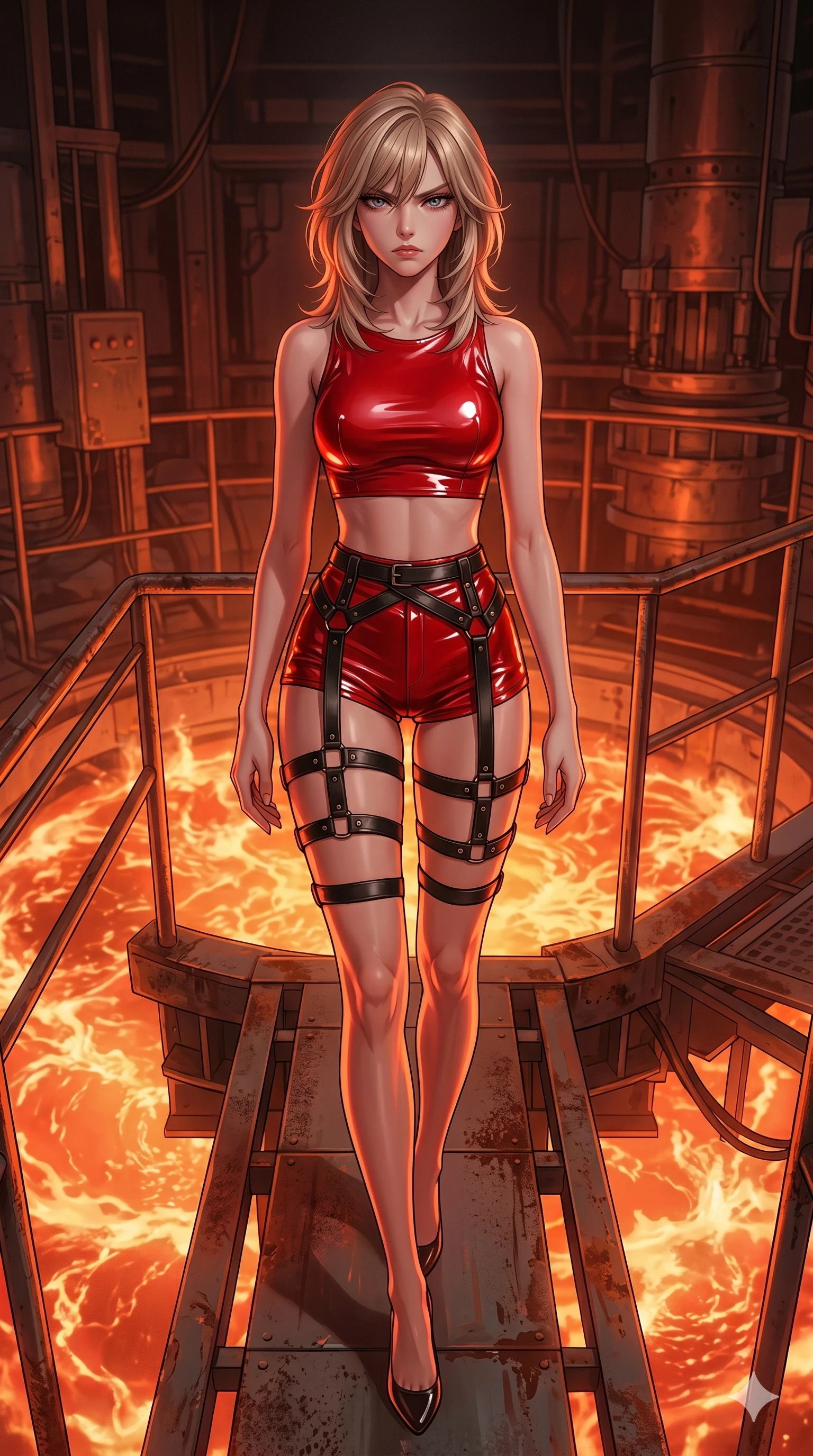 score_9, masterpiece, best quality, ultra-detailed, high-budget anime keyframe, editorial fashion photography, tasteful artistic composition, Japanese woman. cowboy shot from the thighs up, character and outfit filling the frame for maximum editorial presence. looking down at the viewer with an angry, cold look of absolute contempt and defiance on a metallic platform suspended over a boiling reactor core of orange plasma (Scenario Code A-16). She has an absolutely perfect 8-heads proportion, an exceptionally tall and slender female figure with impossibly long slender legs and an ultra-slim waist. V-shaped jawline, high-bridge nose, intricate jewel-like eyes with depth, thick eyelashes, glossy lips with a natural sheen. wearing a skin-tight red vinyl crop top and high-waisted shorts with a thigh-high leather harness. illuminated by the fierce orange glow of fires, casting long dramatic shadows. 2k, ultra detail, master piece, 9:16 ratio