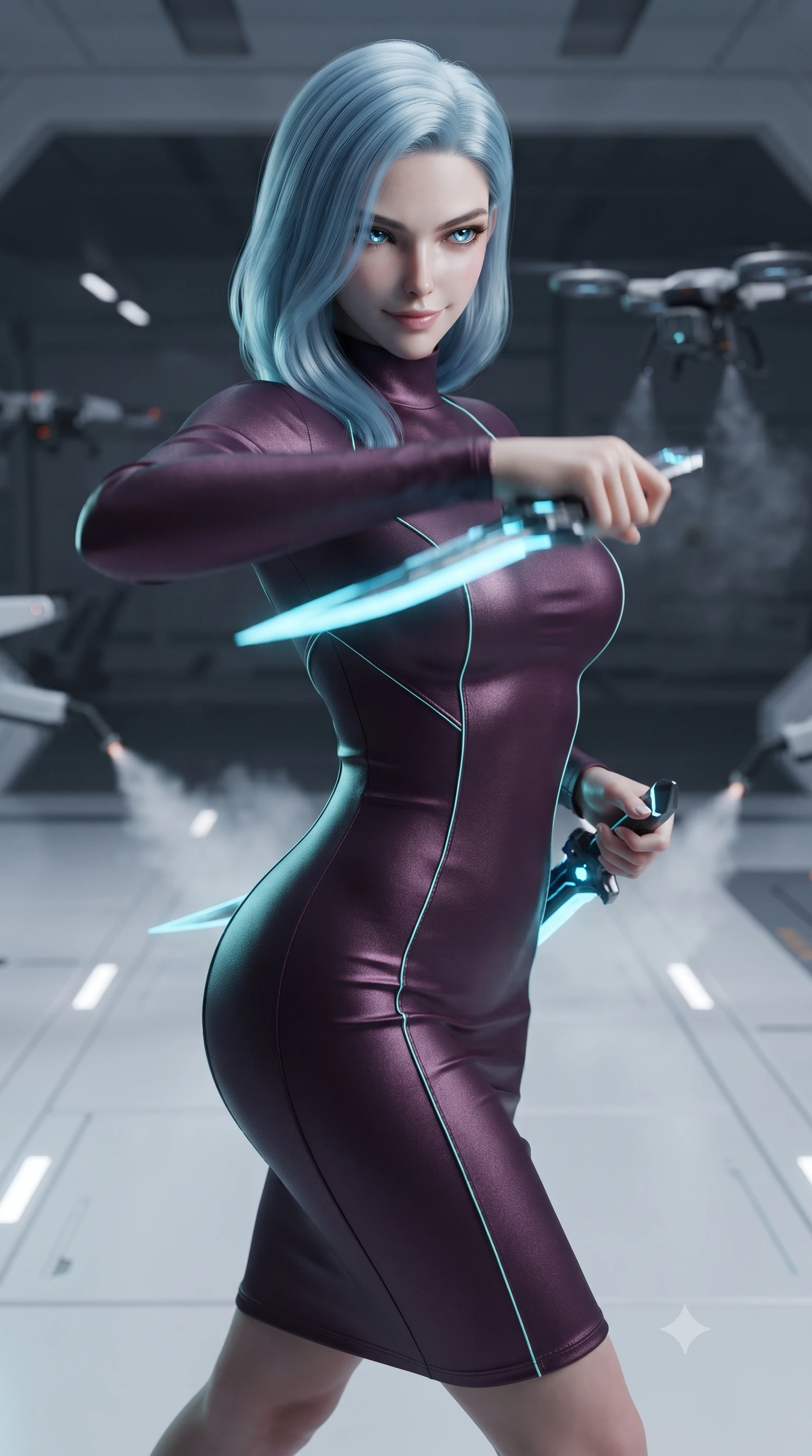 score_9, masterpiece, best quality, ultra-detailed, high-budget anime keyframe, editorial fashion photography, tasteful artistic composition, realistic cosplay photography, Korean woman. close-up cowboy shot from the waist and thighs up, the character dominates the composition, filling the frame with her large presence, background elements kept in soft focus. Drawing a twin set of energy daggers with a quiet, menacing smile and a sharp sidelong glare. set against a soft-focus background of a sterile hangar bay with white floor panels where cargo drones are landing, automatic steam cleaning nozzles firing. She has an exceptionally elegant and slender, willowy female figure with an ultra-slim waist, a gracefully sculpted slender torso, and a refined slim physique. sharp v-shaped jawline, high-bridge nose, intricate jewel-like eyes with depth, thick eyelashes, glossy lips with a natural sheen. wearing tailored for maximum mobility, sleek form-contouring panels that allow fluid movement, a slim-fit sleek mock-neck bodycon midi dress in a deep aubergine knit, contouring her willowy torso. soft aqua bioluminescent light making her skin luminously glow against darkness. ultra-reflective glossy finish, specular highlights, metallic sheen, high-contrast stereoscopic depth, volumetric dynamic lighting, 2k, ultra detail, master piece, 9:16 ratio