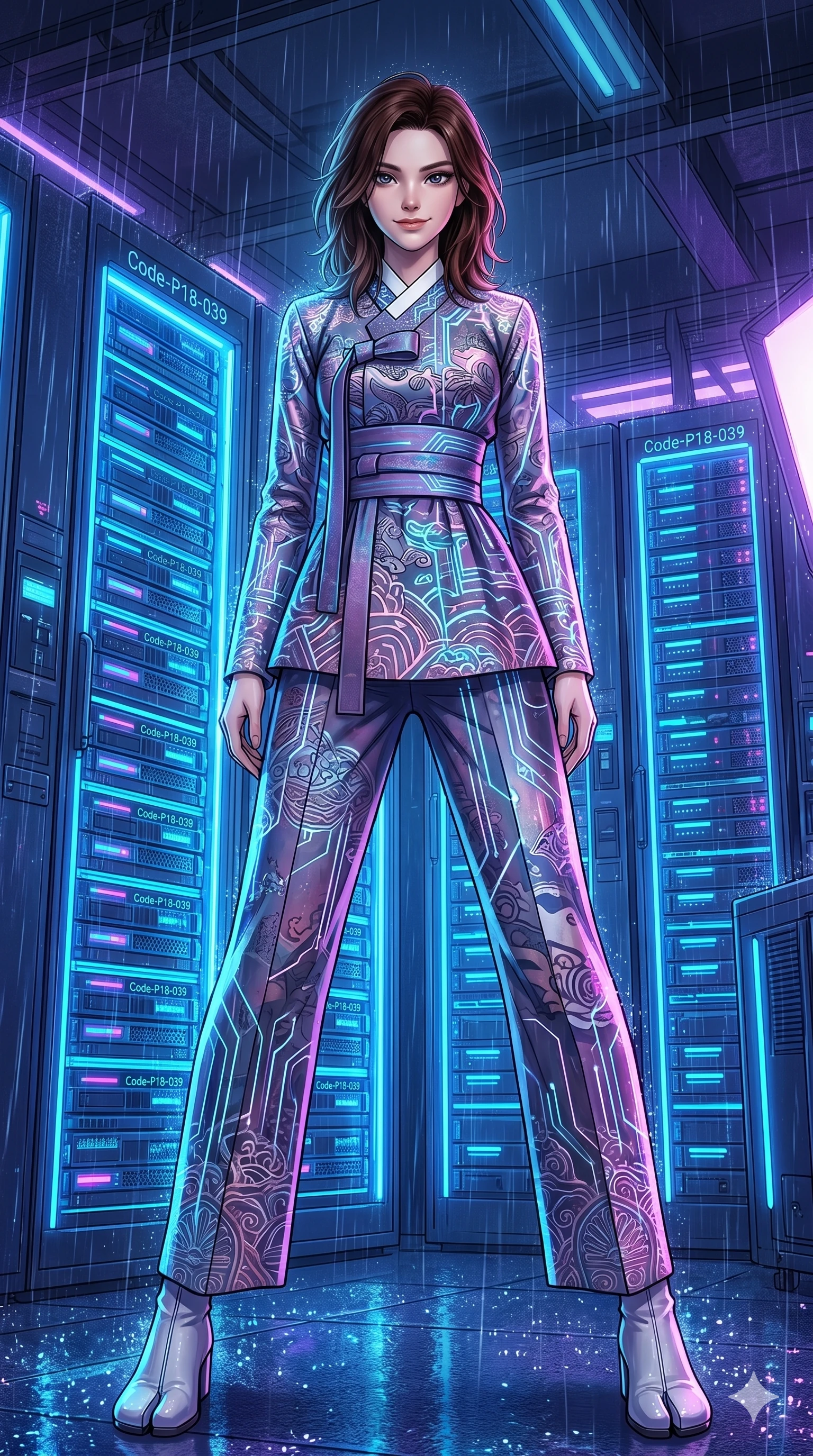 score_9, masterpiece, best quality, ultra-detailed, high-budget anime keyframe, editorial fashion photography, tasteful artistic composition, Korean woman. low angle full-body shot from head to toe showing her feet, filling the entire 9:16 vertical frame with her statuesque presence, stretching her vertical silhouette. posing with quiet magnetic self-assurance, looking directly into the lens with a confident grin in a cyberpunk server room filled with rows of pulsing neon blue lines (Code-P18-039). She has an absolutely perfect 8-heads proportion, an exceptionally tall and slender female figure with impossibly long slender legs and an ultra-slim waist. V-shaped jawline, high-bridge nose, intricate jewel-like eyes with depth, thick eyelashes, glossy lips with a natural sheen. wearing a modern high-neck fusion hanbok with long sleeves and a wide sash. neon lights refracting through the rain droplets, creating a sparkling, wet glow on her. 2k, ultra detail, master piece, 9:16 ratio