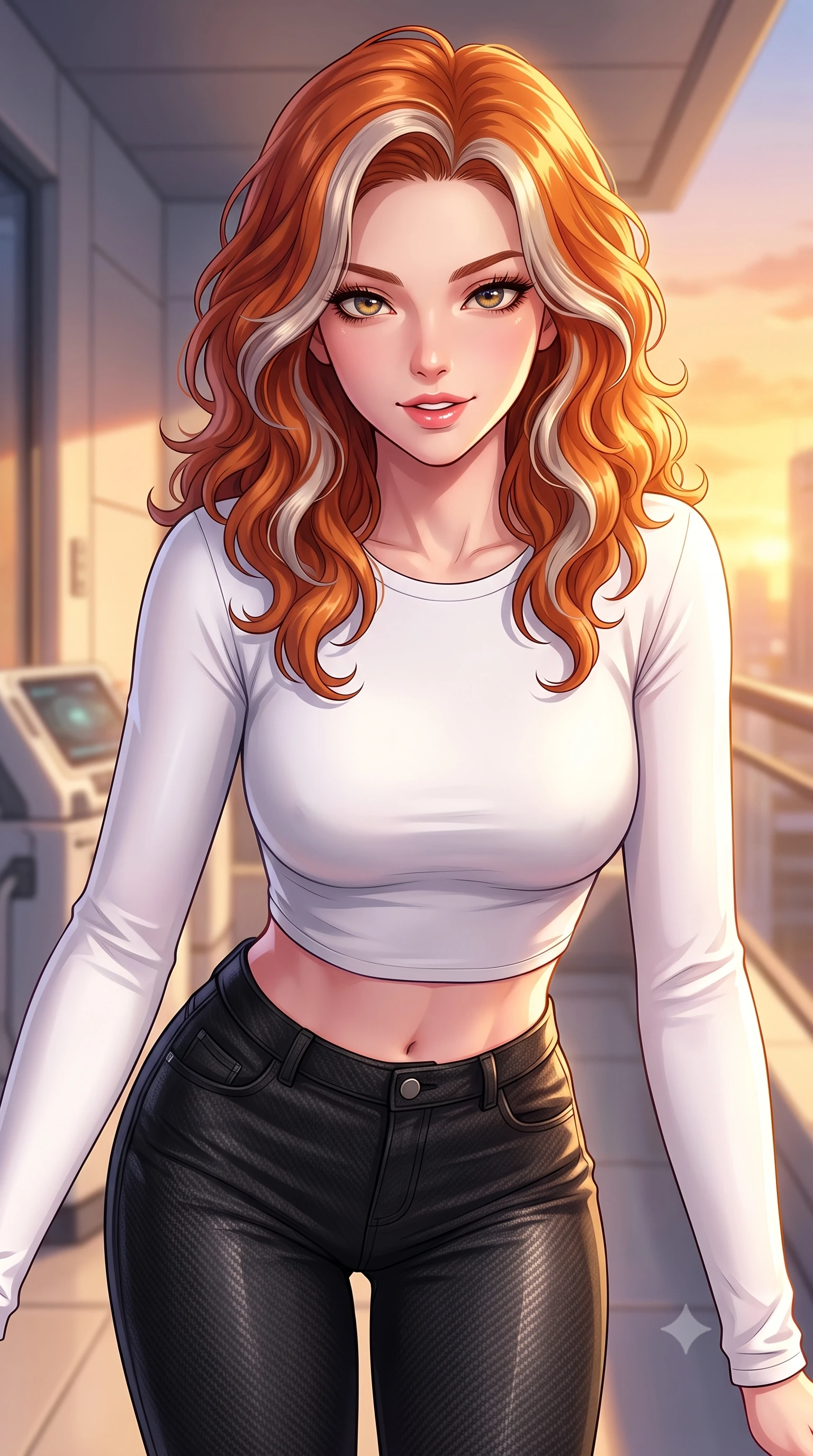 score_9, masterpiece, best quality, ultra-detailed, high-budget anime keyframe, editorial fashion photography, tasteful artistic composition, Caucasian woman. close-up cowboy shot from the waist and thighs up, the character dominates the composition, filling the frame with her large presence, background elements kept in soft focus. leaning slightly forward with a playful, teasing smile, her gaze locked onto the viewer with lips parted in a composed pose, the background shows a soft-focus a private research balcony in a replicator studio at sunset. She has an exceptionally elegant, slender, and willowy female figure with an ultra-slim waist, a gracefully sculpted slender torso, and a refined silhouette. sharp v-shaped jawline, high-bridge nose, intricate jewel-like eyes with depth, thick eyelashes, glossy lips with a natural sheen. wearing a slim-fit body-hugging long-sleeve tactical crop top in pure white, paired with high-waisted black carbon-weave skinny pants. late afternoon sun casting a majestic golden glow over the clean composite walls. highly saturated vibrant anime colors, detailed shading with soft gradients, rich glossy textures, high-contrast stereoscopic depth, volumetric dynamic lighting, master piece, 9:16 ratio