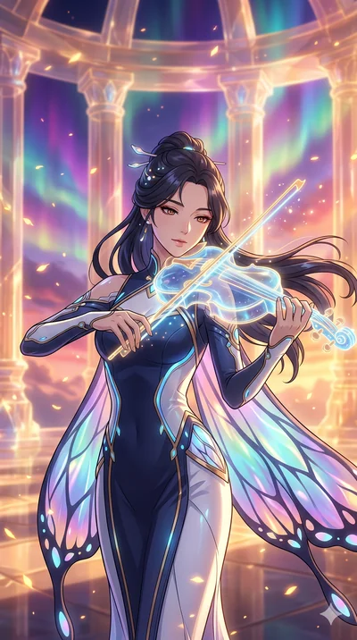 score_9, masterpiece, best quality, ultra-detailed, Set A: High-budget Anime Keyframe, Korean woman. Upper body close-up from the thighs up, character filling the screen for maximum presence. Theme: Ethereal Dream. playing a holographic violin in a t