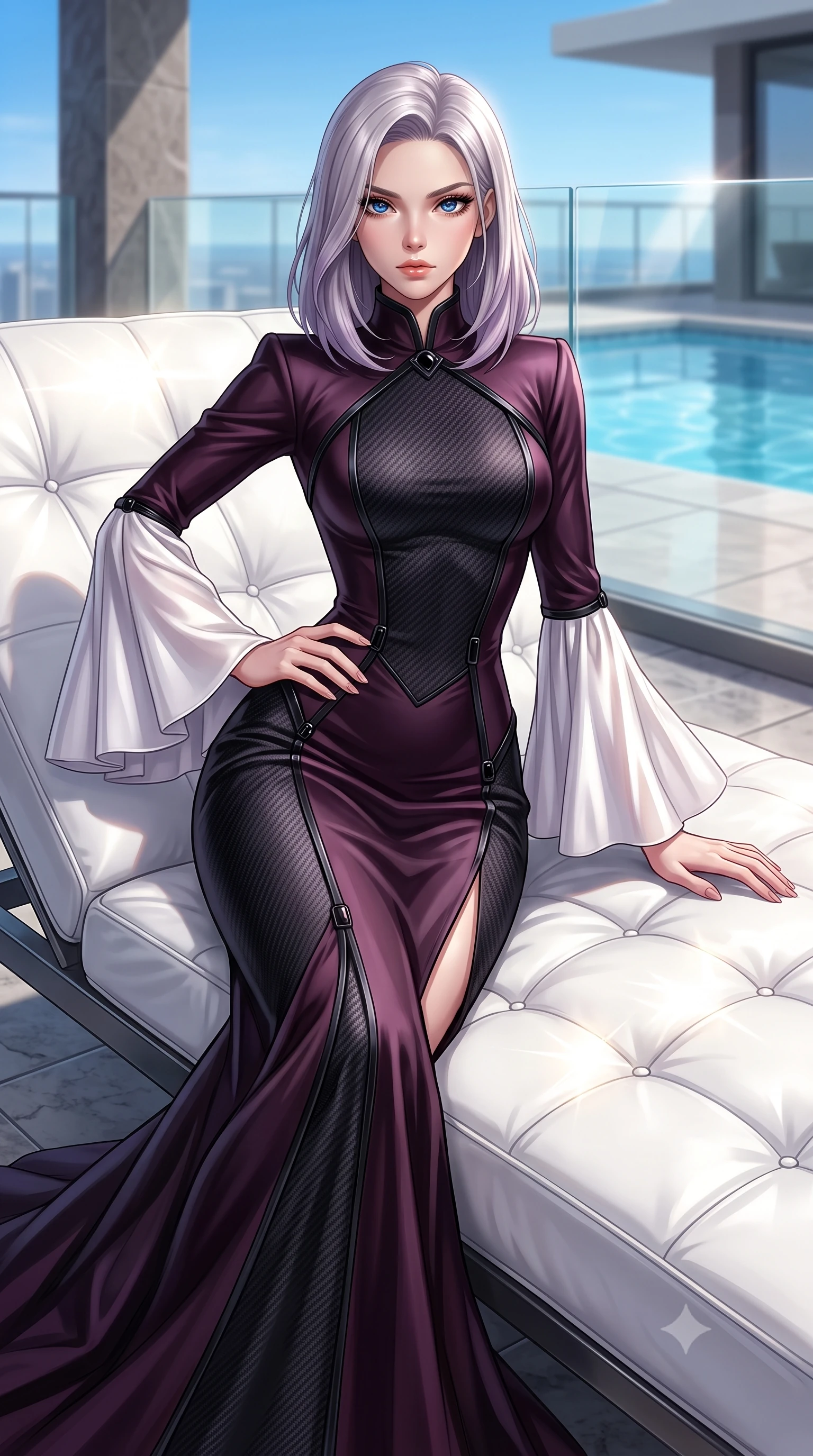score_9, masterpiece, best quality, ultra-detailed, high-budget anime keyframe, editorial fashion photography, tasteful artistic composition, Caucasian woman. close-up cowboy shot from the waist and thighs up, the character dominates the composition, filling the frame with her large presence, background elements kept in soft focus. Holding a confident power pose with one hand on her hip, lounging on a white leather sunbed on a high-floor penthouse terrace at midday, bright sunlight glinting off white leather and polished glass balustrades. She has an exceptionally elegant, slender, and willowy female figure with an ultra-slim waist, a gracefully sculpted slender torso, and a refined silhouette. sharp v-shaped jawline, high-bridge nose, intricate jewel-like eyes with depth, thick eyelashes, glossy lips with a natural sheen. wearing gothic high-collar dark plum silk evening gown with bell sleeves in pearl white, made of matte carbon-fiber weave, adorned with minimalist black onyx hardware framing the silhouette, sculpting her athletic slender build with refined precision. illuminated by clear natural daylight and warm fill light from white stone. highly saturated vibrant anime colors, detailed shading with soft gradients, rich glossy textures, high-contrast stereoscopic depth, volumetric dynamic lighting, master piece, 9:16 ratio