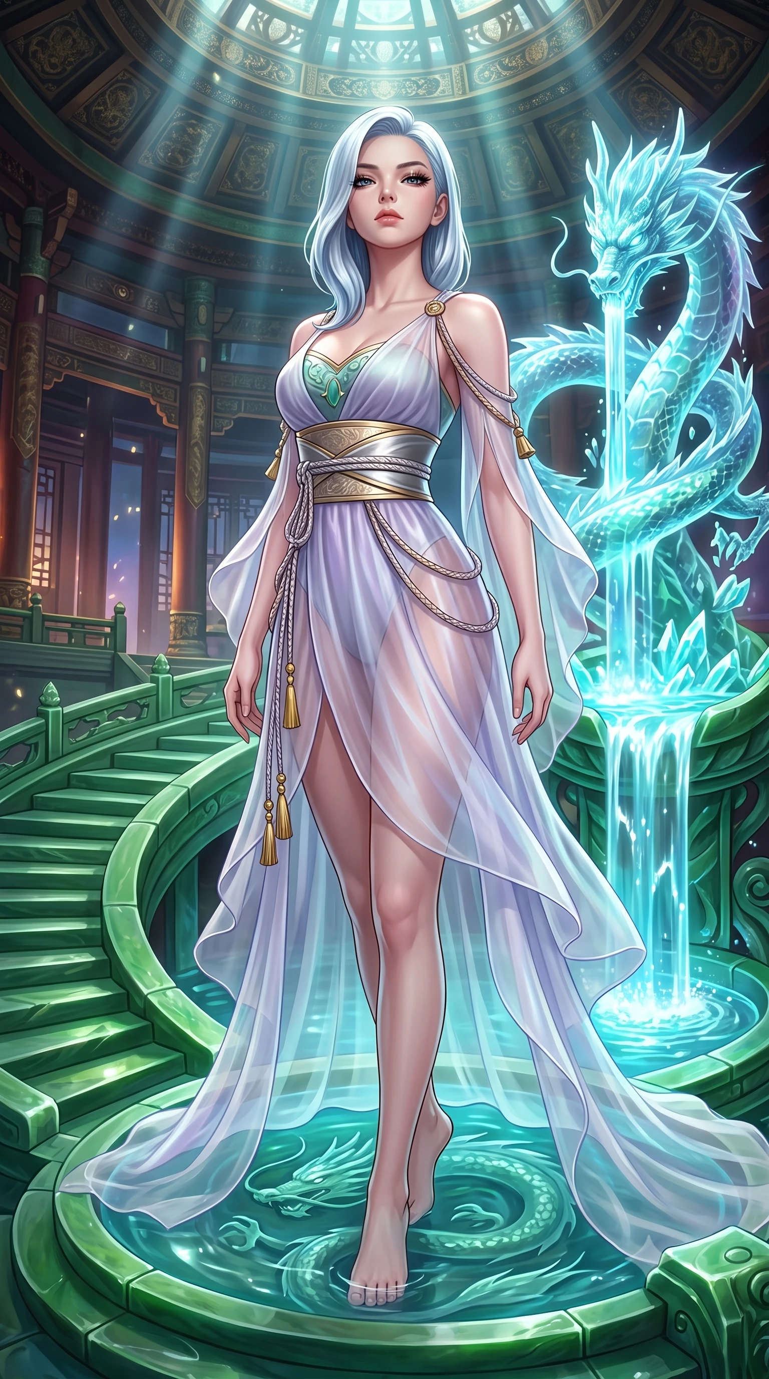 score_9, masterpiece, best quality, ultra-detailed, high-budget anime keyframe, semi-realistic 3D game render, editorial fashion photography, tasteful artistic composition, Korean woman. close-up cowboy shot from the waist and thighs up, the character dominates the composition, filling the frame with her large presence. tilting her chin up with proud, sovereign confidence while gazing directly into the lens with thick, dark eyelashes while standing poised on a sculpted jade terrace beside a glowing crystalline dragon spring where bioluminescent water cascades. The surrounding environment is rendered in vivid detail and crisp panoramic clarity. vibrant high-contrast oriental sci-fi chiaroscuro and imperial dragon sanctuary aesthetics in precision. She has an exceptionally elegant, slender, and willowy female figure with an ultra-slim waist, a gracefully sculpted slender torso, toned flat midriff, and a refined slim silhouette. sharp v-shaped jawline, high-bridge nose, intricate jewel-like eyes with depth, thick eyelashes, glossy lips with a natural sheen, captivating and magnetic expression, flawlessly proportioned anatomical accuracy, strict slender model proportions, natural body alignment, perfectly sculpted long slender limbs, ultra-slim waistline, clean dynamic posture without body distortion. wearing a jade-inlaid silk bustier dress with multi-tiered translucent organza train and metallic sash in ethereal lilac mist and pearlescent white, crafted from sheer cascading chiffon that ripples like water, accessorized with delicate gold bell tassels and braided silk cords, the sleek tailored cut tightly hugging her graceful clavicle, narrow waist, and feminine curves with statuesque precision. surrounded by a royal, mythical, and deeply revered dragon palace guardian princess aura. highly saturated vibrant anime colors, detailed shading with soft gradients, rich glossy textures, high-contrast stereoscopic depth, volumetric dynamic lighting, master piece, 9:16 ratio