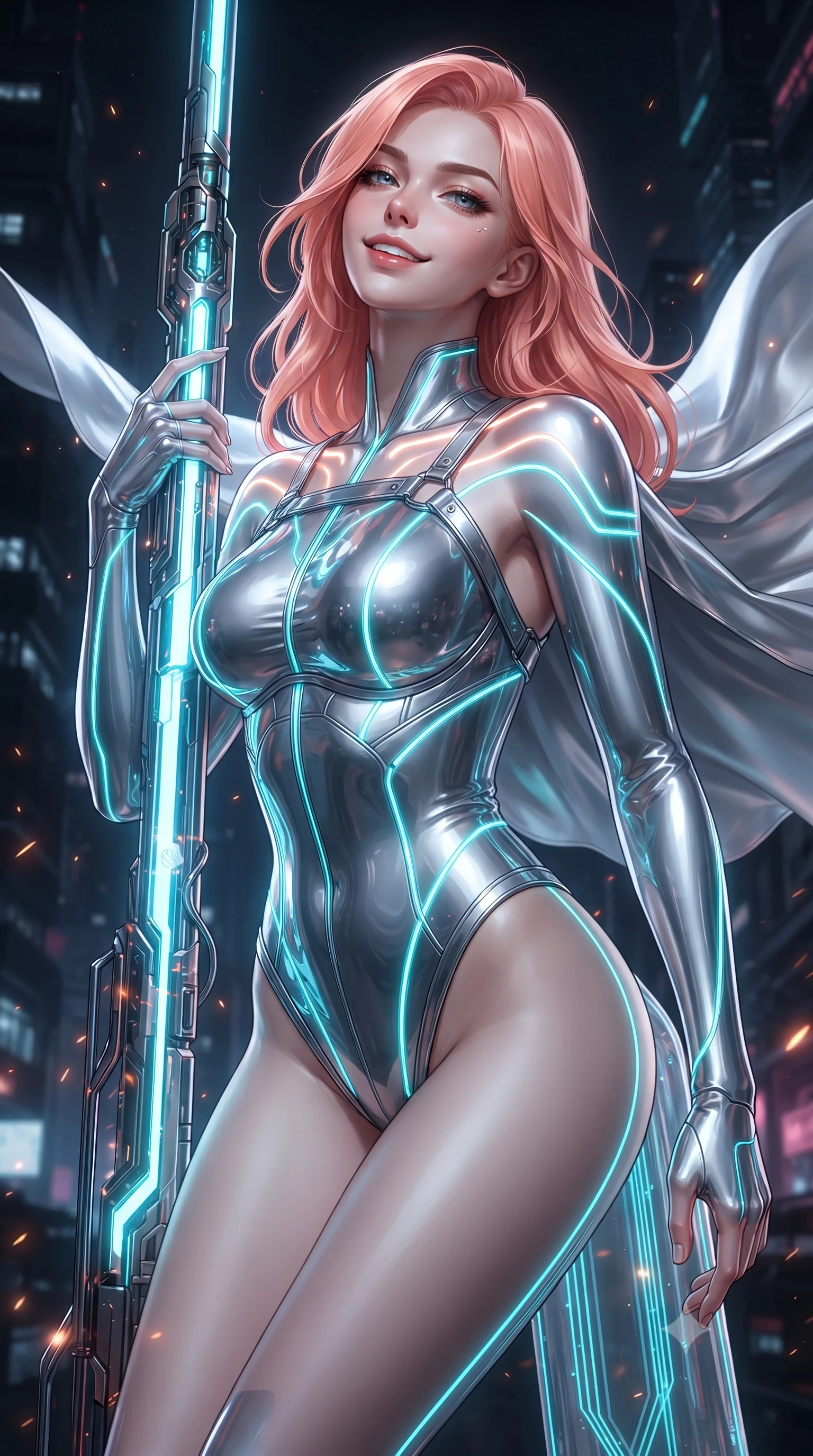score_9, masterpiece, best quality, ultra-detailed, high-budget anime keyframe, editorial fashion photography, tasteful artistic composition, Japanese woman. close-up cowboy shot from the waist and thighs up, the character dominates the composition, filling the frame with her large presence. tilting her head back with serene regal elegance, her sharp jawline and sculpted collarbones highlighted by glowing neon halo reflections while leaning against a glowing spire conduit with a fearless, intoxicating smile as high-altitude winds billow her silver cape. The composition keeps background elements in soft focus with creamy bokeh. crackling plasma sparks scattering subtle glowing light motes across a dark nocturnal backdrop. She has an exceptionally elegant, slender, and willowy female figure with an ultra-slim waist, a gracefully sculpted slender torso, toned flat midriff, and a refined slim silhouette. sharp v-shaped jawline, high-bridge nose, intricate jewel-like eyes with depth, thick eyelashes, glossy lips with a natural sheen, flawlessly proportioned anatomical accuracy, strict slender model proportions, natural body alignment, perfectly sculpted long slender limbs, ultra-slim waistline, clean dynamic posture without body distortion. wearing an aerodynamic sculpted liquid-chrome bodysuit with glowing neon fiber-optic circuitry and an elegant high-fashion cut in polished mirror chrome and glowing electric cyan neon, crafted from delicate iridescent organza interwoven with luminescent micro-fibers, reinforced by a sleek metallic chrome harness and delicate glowing micro-straps, the glove-like aerodynamic second-skin fit tightly clinging to her ultra-slender waist and athletic curves without adding bulk, accentuating her razor-sharp statuesque lines and slim hourglass silhouette. surrounded by an exhilarating, supreme, and fiercely alluring cyber-monarch aura. ultra-reflective glossy finish, specular highlights, dark metallic sheen, high-contrast stereoscopic depth, volumetric dynamic lighting, 2k, ultra detail, master piece, 9:16 ratio
