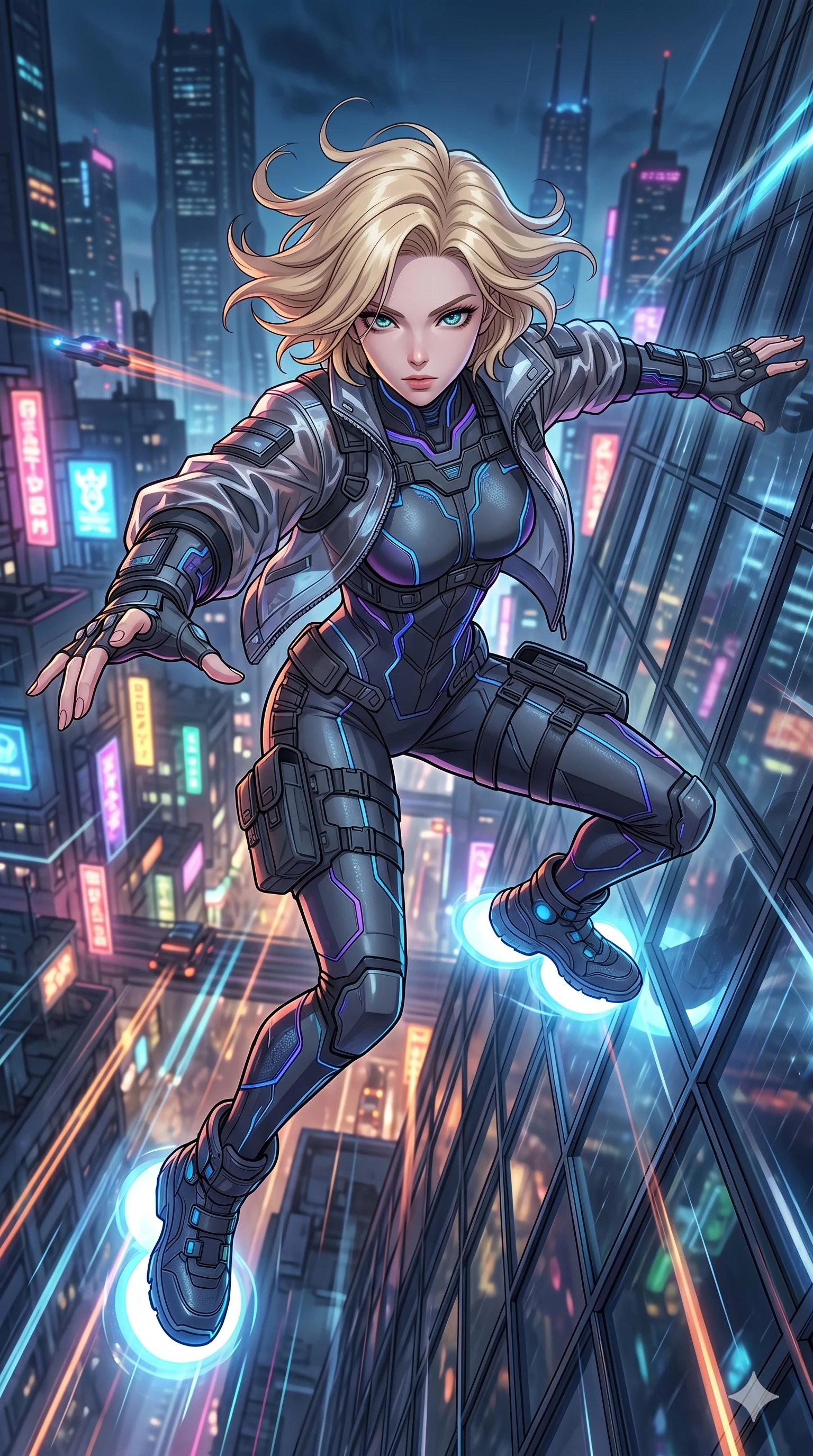 score_9, masterpiece, best quality, ultra-detailed, high-budget anime movie keyframe, cinematic anime lighting, intricate line art, Japanese woman. Extreme high angle shot as she leaps towards the camera, filling the frame. dashing up the side of a skyscraper using gravity-defying tech-boots. She has an absolutely perfect 8-heads proportion, an exceptionally tall and slender female figure with graceful and slender proportions. strictly human anatomy, two legs only, no extra limbs, clearly defined legs and arms, perfect anatomy, perfect hands and fingers. sharp v-shaped jawline, high-bridge nose, intricate jewel-like eyes, thick eyelashes, glossy lips. Wearing Tech-Fantasy: Cybernetic tech-suit with glowing seams, translucent jacket over a bodysuit, and modular tactical gear. The scene is illuminated by dramatic atmospheric lighting and vibrant color palettes. , 2k, ultra detail, master piece, 9:16 ratio