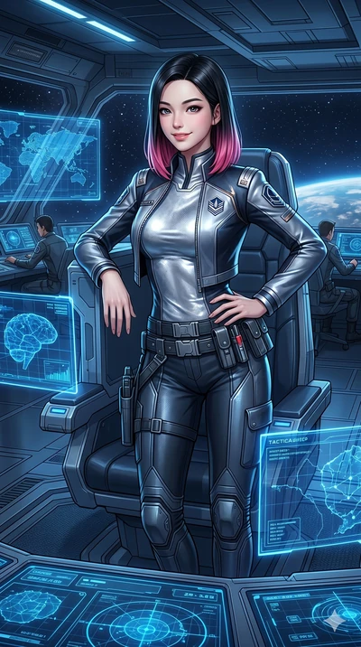 score_9, masterpiece, best quality, ultra-detailed, high-budget anime keyframe, semi-realistic 3D game render, Korean woman. Upper body close-up from the thighs up, character filling the screen for maximum presence. On the command bridge of a space c