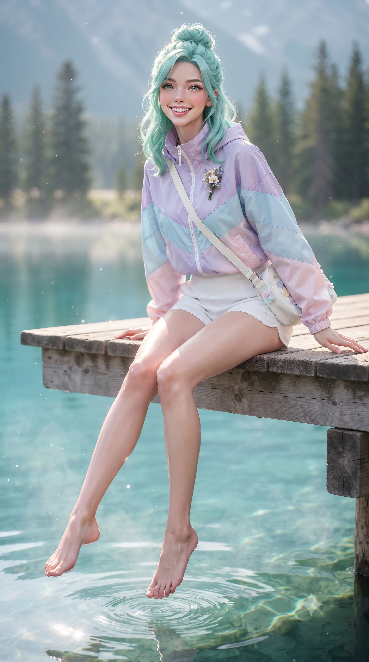 score_9, masterpiece, best quality, ultra-detailed, high-budget anime keyframe, editorial fashion photography, tasteful artistic composition, Japanese woman. low angle full-body shot from head to toe showing her feet, filling the entire 9:16 vertical frame with her statuesque presence, stretching her vertical silhouette. walking forward in a cheerful, dynamic stride with a radiant beaming smile, her statuesque silhouette filling the frame while sitting gracefully on a rustic wooden pier dangling her feet above mirror-like turquoise glacial lake water. The composition keeps background elements in soft focus with creamy bokeh. shimmering water light refractions and drifting lake mist scattering soft glowing light motes. She has an absolutely perfect, statuesque 8.5-heads proportion, an exceptionally tall and slender model-like female figure with impossibly long slender legs, a toned flat midriff, and an ultra-slim waist. sharp v-shaped jawline, high-bridge nose, intricate jewel-like eyes with depth, thick eyelashes, glossy lips with a natural sheen, pure and lovely fresh girlhood expression, flawlessly proportioned anatomical accuracy, strict slender model proportions, natural body alignment, perfectly sculpted long slender limbs, ultra-slim waistline, clean dynamic posture without body distortion. wearing a cute sporty pastel windbreaker paired with high-waisted active shorts and a canvas crossbody bag in fresh alpine white with subtle pastel floral accents, tailored from crisp organic cotton poplin, complemented by a delicate wildflower corsage pinned to the lapel, the soft airy drape swaying gracefully with her dynamic movements, emphasizing her tall willowy build and slim waistline. illuminated by soft morning mist backlighting and emerald water ambient bounce. ultra-reflective glossy finish, specular highlights, rich natural textures, high-contrast stereoscopic depth, volumetric dynamic lighting, 2k, ultra detail, master piece, 9:16 ratio