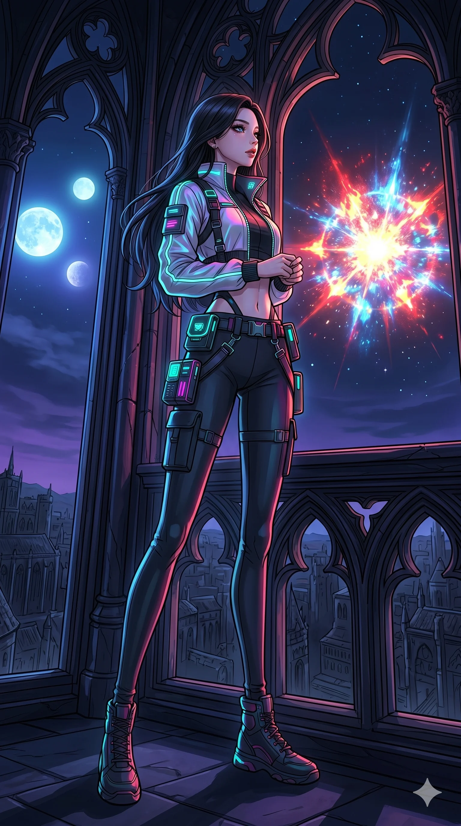 score_9, masterpiece, best quality, ultra-detailed, high-budget anime movie keyframe, cinematic anime lighting, intricate line art, Caucasian (strictly human ears) woman. Dynamic full-body shot stretching the vertical silhouette across the 9:16 frame. observing a supernova in a gothic obsidian tower under a twin-moon sky. She has an absolutely perfect 8-heads proportion, an exceptionally tall and slender female figure with an ultra-slim waist and impossibly long slender legs. sharp v-shaped jawline, high-bridge nose, intricate jewel-like eyes, thick eyelashes, glossy lips. Wearing modern urban tech-wear ensemble with a cropped reflective bomber jacket, ultra-slim high-waisted cargo leggings, and tactical harness with neon-lit pouches. The scene is illuminated by dramatic atmospheric lighting and vibrant color palettes. , 2k, ultra detail, master piece, 9:16 ratio