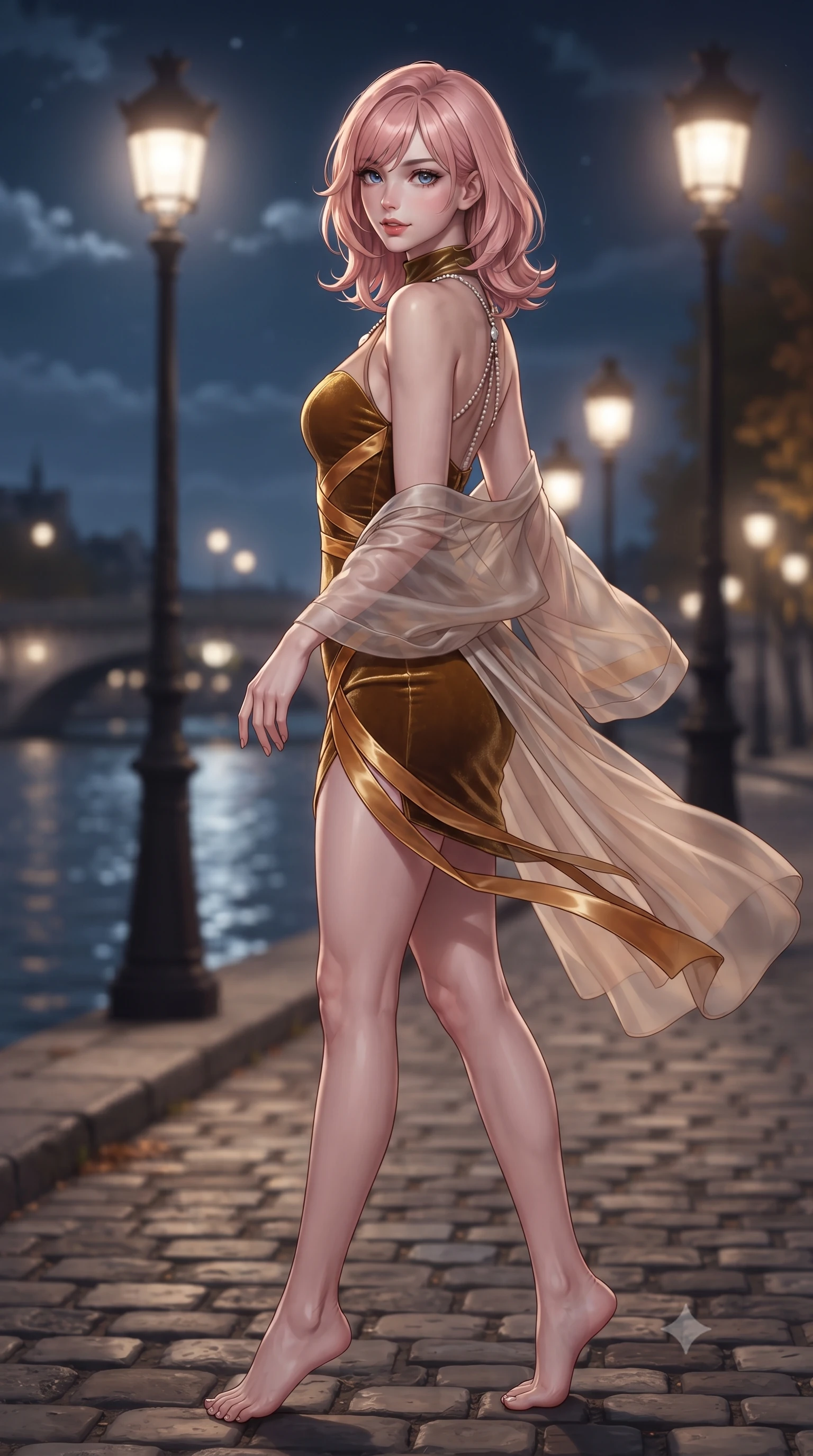 score_9, masterpiece, best quality, ultra-detailed, high-budget anime keyframe, editorial fashion photography, tasteful artistic composition, Japanese woman. low angle full-body shot from head to toe showing her feet, filling the entire 9:16 vertical frame with her statuesque presence, stretching her vertical silhouette. walking along the terrace with poise, looking back over her bare shoulder with an irresistible smoldering bedroom-gaze while twisting her slender torso in an alluring contrapposto stance, autumn midnight breezes fluttering her sheer silk robe around her curvy hips. The background shows a soft-focus Paris streetlamps along the quayside softened in romantic nocturnal shallow focus. She has an absolutely perfect, statuesque 8.5-heads proportion, an exceptionally tall and slender model-like female figure with impossibly long slender legs, an ultra-slim waist, a flat toned midriff, narrow delicate ribcage, and beautifully sculpted feminine hips creating a graceful, slim hourglass silhouette without any bulky heaviness. sharp v-shaped jawline, high-bridge nose, sparkling eyes with hypnotic seductive depth, thick curled eyelashes, glossy parted lips with a natural dewy peach sheen, alluring bedroom-eyes with an enchanting coquettish smile, exuding magnetic siren charisma and sophisticated glamour, flawlessly proportioned anatomical accuracy, strict slender model proportions, natural body alignment, perfectly sculpted long slender limbs, ultra-slim waistline, clean dynamic posture without body distortion. wearing a provocative high-neck sheer illusion cocktail dress with liquid satin ribbons contouring her curves in warm amber honey and antique gold leaf, tailored from ultra-plush velvet with rich tactile depth and deep shadow gradients, accented with a pearl-drop body harness subtly framing her dewy collarbones and spine, the form-contouring silhouette accentuating her sculpted flat midriff, narrow delicate ribcage, and gracefully curvy hips with intoxicating allure. bathed in celestial harvest moonlight reflected off the river surface combined with warm streetlamp street glow. ultra-reflective glossy finish, specular highlights, rich textural contrasts, high-contrast stereoscopic depth, volumetric dynamic lighting, 2k, ultra detail, master piece, 9:16 ratio