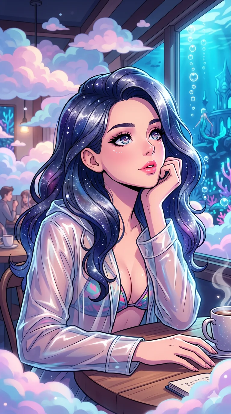 score_9, masterpiece, best quality, ultra-detailed, high-budget anime keyframe, vibrant colors and expressive line art, an incredibly beautiful Caucasian woman (strictly human ears). Medium shot of upper body focusing on her alluring and cute features and her galaxy-themed hair featuring deep midnight blue with sparkling silver and purple stardust highlights, filling the vertical 9:16 frame. She is daydreaming in a cafe filled with floating pastel clouds. She has a sharp v-shaped jawline, high-bridge nose, intricate jewel-like eyes, thick eyelashes, and glossy lips. She possesses an absolutely perfect 8-heads proportion and a slim-fit silhouette. She is wearing a translucent plastic raincoat over a colorful micro-bikini top, highlighting her alluring silhouette. a magical underwater kingdom with glowing corals and bubbles, dramatic rim lighting, cinematic shadows, 2k, ultra detail, master piece, 9:16 ratio