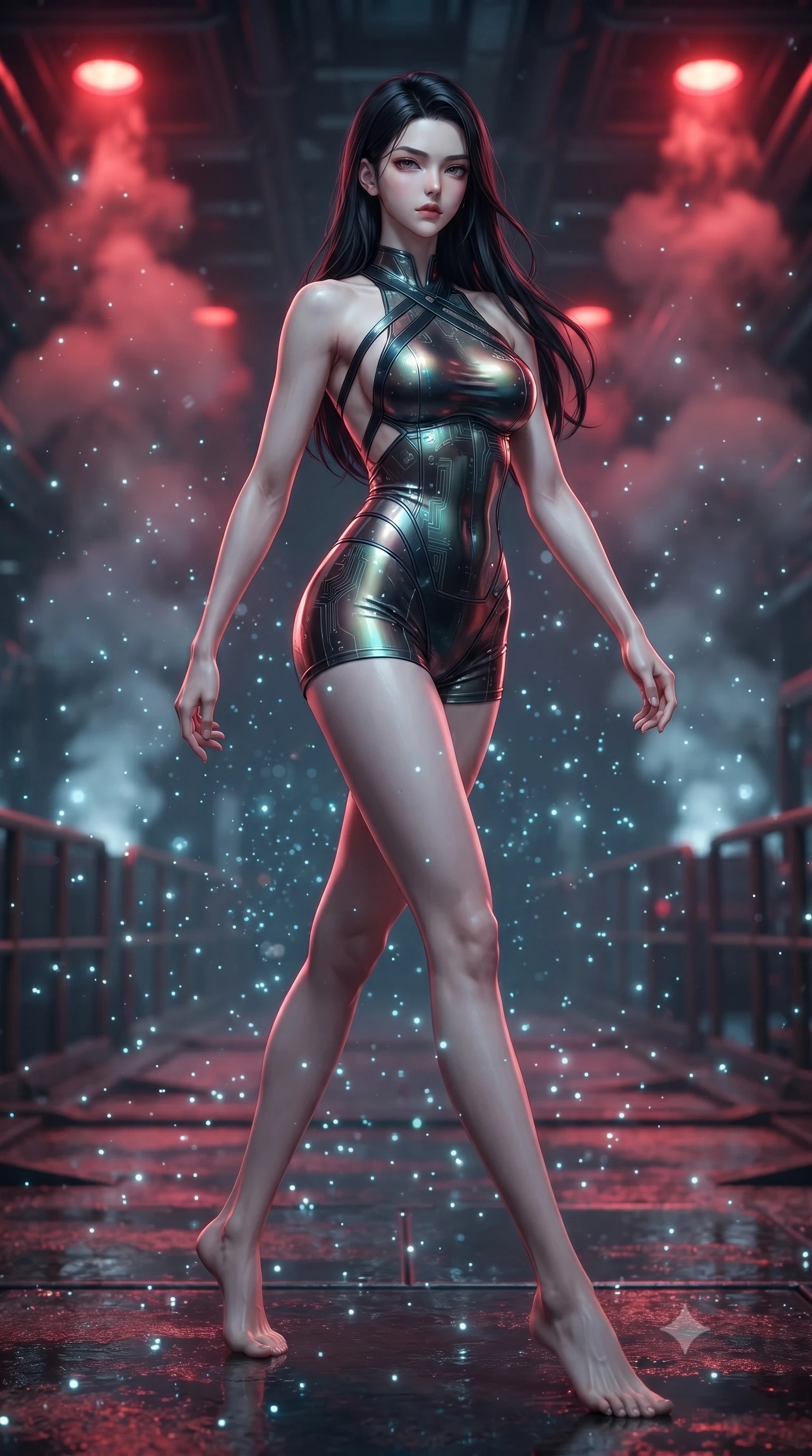 score_9, masterpiece, best quality, ultra-detailed, high-budget anime keyframe, editorial fashion photography, tasteful artistic composition, Korean woman. low angle full-body shot from head to toe showing her feet, filling the entire 9:16 vertical frame with her statuesque presence, stretching her vertical silhouette. stepping gracefully through floating stardust particles, her body-contouring suit showing her athletic, slender silhouette, the background shows a soft-focus a wet maintenance dock inside an undersea volcano crater with steam vents. She has an absolutely perfect, statuesque 8.5-heads proportion, an exceptionally tall and slender model-like female figure with impossibly long slender legs and an ultra-slim waist. sharp v-shaped jawline, high-bridge nose, intricate jewel-like eyes with depth, thick eyelashes, glossy lips with a natural sheen. wearing a body-hugging backless halter-neck combat top with criss-cross strapping, paired with carbon-alloy micro-shorts. underground steam vents catching a pulsing crimson warning beacon light from above. ultra-reflective glossy finish, specular highlights, metallic sheen, high-contrast stereoscopic depth, volumetric dynamic lighting, 2k, ultra detail, master piece, 9:16 ratio