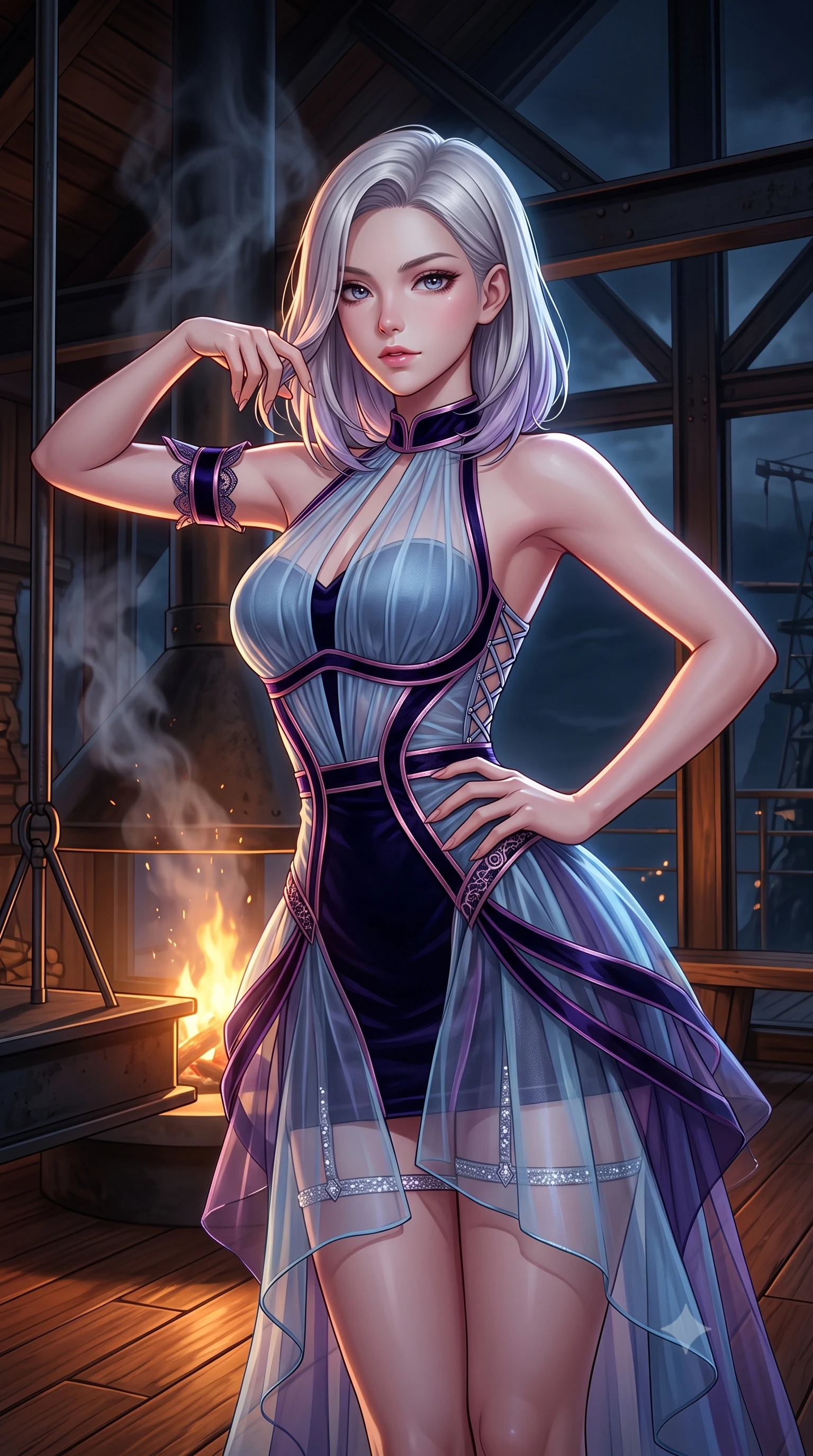 score_9, masterpiece, best quality, ultra-detailed, high-budget anime keyframe, semi-realistic 3D game render, editorial fashion photography, tasteful artistic composition, Caucasian woman. close-up cowboy shot from the waist and thighs up, the character dominates the composition, filling the frame with her large presence. twisting her slender torso in an alluring contrapposto stance, one hand resting on her sculpted hip while her fingers toy with her hair with effortless poise while leaning against the suspended steel hearth post with hips cocked back, looking through rising chimney smoke with bedroom-eyes. The surrounding environment is rendered in vivid detail and crisp panoramic clarity: detailed alluring sheer gossamer slip dress, side lace-up corset ties, and cliffside engineering craft in high resolution. She has an exceptionally elegant, slender, and willowy female figure with an ultra-slim waist, flat toned midriff, narrow ribcage, and sculpted feminine hips creating an alluring, slim hourglass silhouette without bulk. sharp v-shaped jawline, high-bridge nose, intricate jewel-like sparkling eyes with depth, thick eyelashes, glossy parted lips with a natural peach sheen, bright cheerful beaming smile with an enchanting and coquettish sensual glint, exuding both youthful cute charm and seductive allure, flawlessly proportioned anatomical accuracy, strict slender model proportions, natural body alignment, perfectly sculpted long slender limbs, ultra-slim waistline, clean dynamic posture without body distortion. wearing a provocative semi-sheer icy blue tulle cocktail dress with velvet ribbon piping contouring her narrow waist and hips in orbital nebula violet and luminescent rose gold, tailored from ultra-plush silk velvet with rich tactile depth and deep shadow gradients, finished with delicate crystal-encrusted thigh garter straps glinting in the dim light, the glove-like clinging cut tightly following the natural contour of her hips and long slender legs with youthful 8.5-heads elegance. illuminated by teak floor bounce and sharp flame-gold rim lights defining her razor-sharp jawline, narrow waist, and curvy hips. highly saturated vibrant anime colors, detailed shading with soft gradients, rich glossy textures, high-contrast stereoscopic depth, volumetric dynamic lighting, master piece, 9:16 ratio