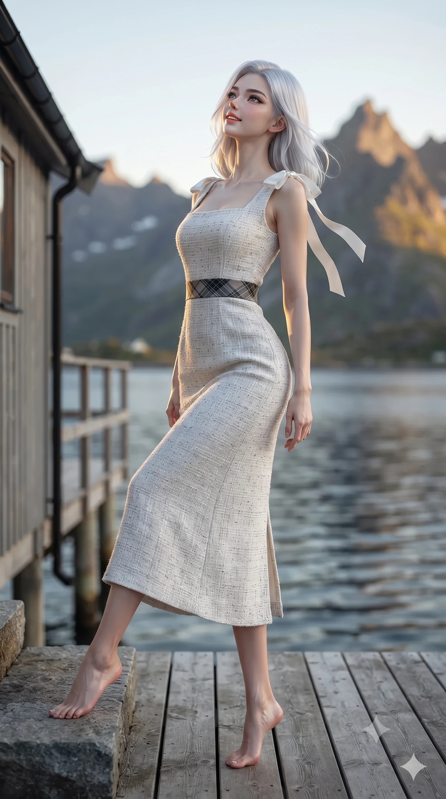 score_9, masterpiece, best quality, ultra-detailed, high-budget anime keyframe, editorial fashion photography, tasteful artistic composition, Korean woman. low angle full-body shot from head to toe showing her feet, filling the entire 9:16 vertical frame with her statuesque presence, stretching her vertical silhouette. sitting poised on the stone steps with one knee bent, arching her spine with supermodel elegance as she glances upward through thick eyelashes while standing poised on the weathered pine deck of the modern luxury Rorbu cabin perched on stilts over Reinefjorden, arching her spine with siren grace as the golden midnight sun bathes the peaks in amber. The background shows a soft-focus gentle midnight fjord water ripples softened in iconic Arctic Norwegian shallow focus. She has an exceptionally tall and slender model-like 8.5-heads proportion, an ultra-slim waist, a flat toned midriff, narrow delicate ribcage, and beautifully sculpted feminine hips creating a graceful, slim hourglass silhouette without any bulky heaviness, with impossibly long slender legs. sharp v-shaped jawline, high-bridge nose, intricate jewel-like sparkling eyes with depth, thick eyelashes, glossy parted lips with a natural peach sheen, bright cheerful beaming smile with an enchanting and coquettish sensual glint, exuding both youthful cute charm and seductive allure, flawlessly proportioned anatomical accuracy, strict slender model proportions, natural body alignment, perfectly sculpted long slender limbs, ultra-slim waistline, clean dynamic posture without body distortion. wearing a classical Scottish Victorian velvet evening gown with modest square neckline and tartan sash in pure translucent crystal white and liquid platinum, woven from structured British tweed with subtle metallic flecks, finished with satin ribbon ties at the shoulders fluttering in the gentle breeze, the impeccably tailored cut draping gracefully along her slender figure with aristocratic poise. illuminated by fjord water specular bounce and sharp gold-emerald dual rim lights sculpting her razor-sharp jawline, narrow waist, and curvy hips. ultra-reflective glossy finish, specular highlights, rich textural contrasts, high-contrast stereoscopic depth, volumetric dynamic lighting, 2k, ultra detail, master piece, 9:16 ratio