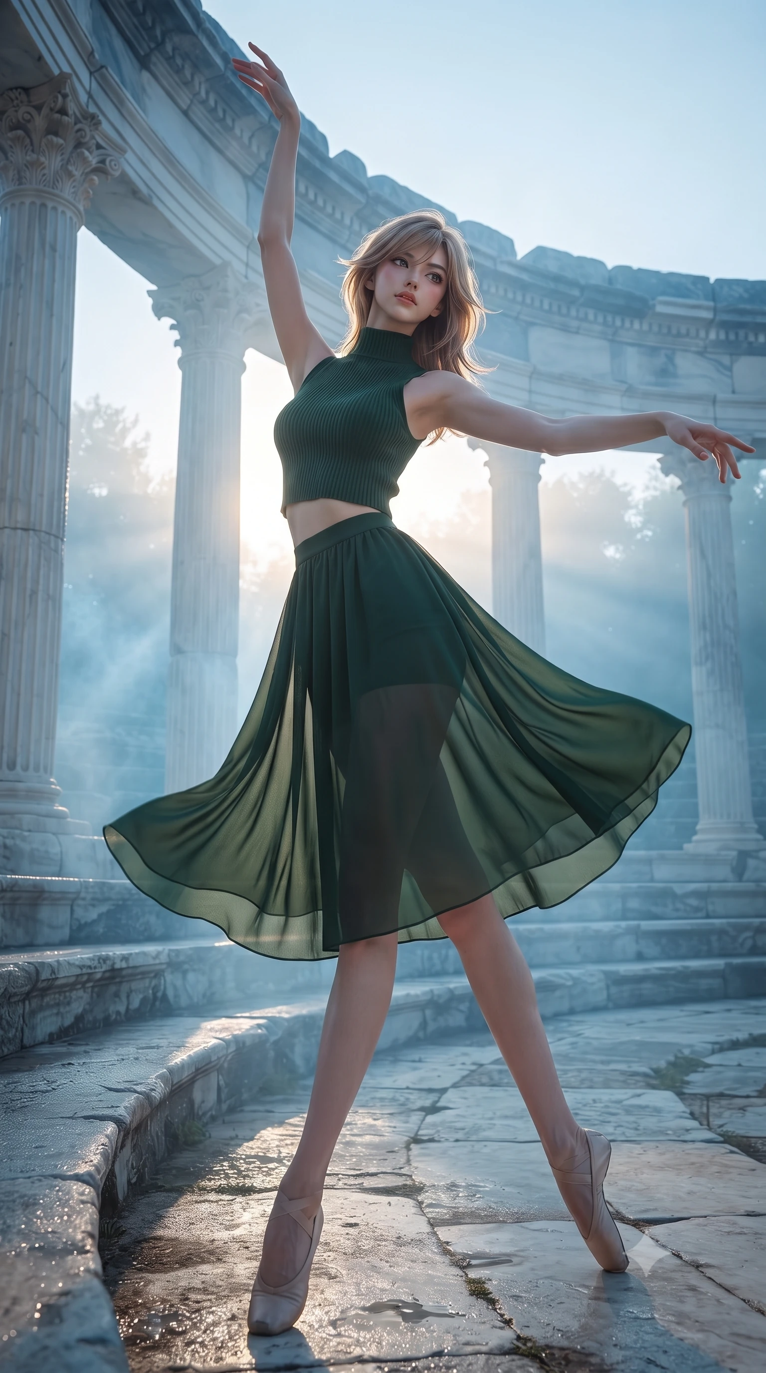 score_9, masterpiece, best quality, ultra-detailed, high-budget anime keyframe, editorial fashion photography, tasteful artistic composition, Japanese woman. low angle full-body shot from head to toe showing her feet, filling the entire 9:16 vertical frame with her statuesque presence, stretching her vertical silhouette. twirling with balletic elegance inside an ancient white marble amphitheater at the first golden light of dawn with morning mist swirling between fluted Corinthian columns and dew glistening on every carved stone surface. She has a statuesque 8.5-heads proportion, an exceptionally tall, slender and willowy model-like build with impossibly long legs and a highly sculpted ultra-slim waist. sharp v-shaped jawline, high-bridge nose, intricate jewel-like eyes with depth, thick eyelashes, glossy lips with a natural sheen. wearing a high-neck ribbed crop top in forest green, paired with a midi skirt featuring a sheer chiffon overlay revealing her legs. soft warm golden dawn light streaming horizontally through the columns with cool blue morning mist creating ethereal god-ray shafts through the haze. 2k, ultra detail, master piece, 9:16 ratio