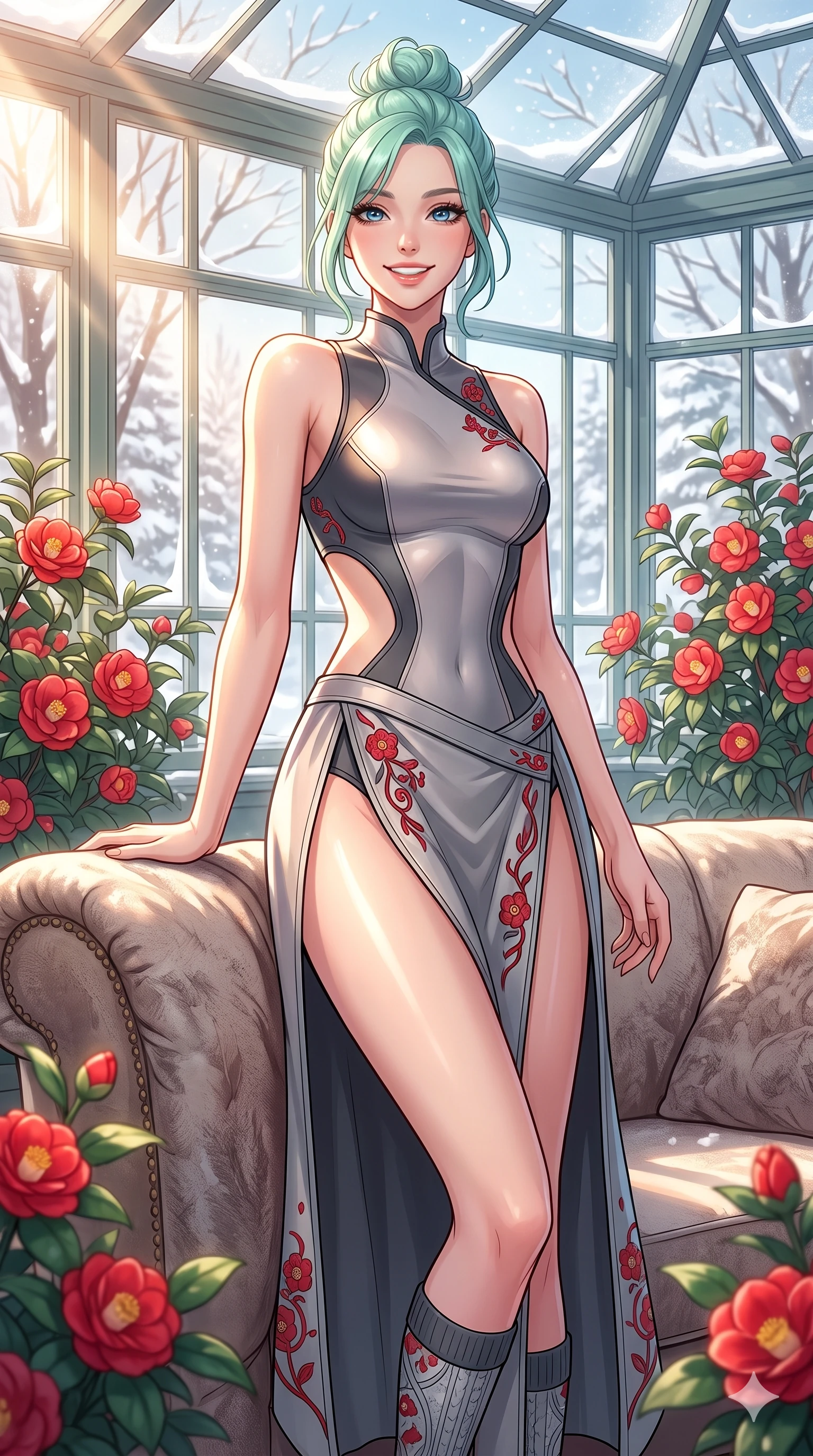 score_9, masterpiece, best quality, ultra-detailed, high-budget anime keyframe, vibrant anime aesthetic, Japanese woman. cowboy shot from the thighs up, character and outfit filling the frame for maximum presence. She is leaning back against a sofa with a bright, radiant smile on her face in winter inside a conservatory room with red camellias (Code-P21-111). She has an absolutely perfect 8-heads proportion, an exceptionally tall and slender female figure with impossibly long slender legs and an ultra-slim waist. V-shaped jawline, high-bridge nose, intricate jewel-like eyes with depth, thick eyelashes, glossy lips with a natural sheen. wearing a neoprene bodysuit with side cutouts and high-slit wrap in winter. She is lit from the side by bright winter sun rays, tracing the contours of her body in the morning. 2k, ultra detail, master piece, 9:16 ratio