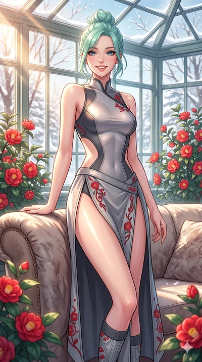 score_9, masterpiece, best quality, ultra-detailed, high-budget anime keyframe, vibrant anime aesthetic, Japanese woman. cowboy shot from the thighs up, character and outfit filling the frame for maximum presence. She is leaning back against a sofa w