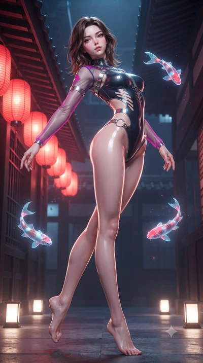 score_9, masterpiece, best quality, ultra-detailed, high-budget anime keyframe, editorial fashion photography, tasteful artistic composition, Korean woman. low angle full-body shot from head to toe showing her feet, filling the entire 9:16 vertical f